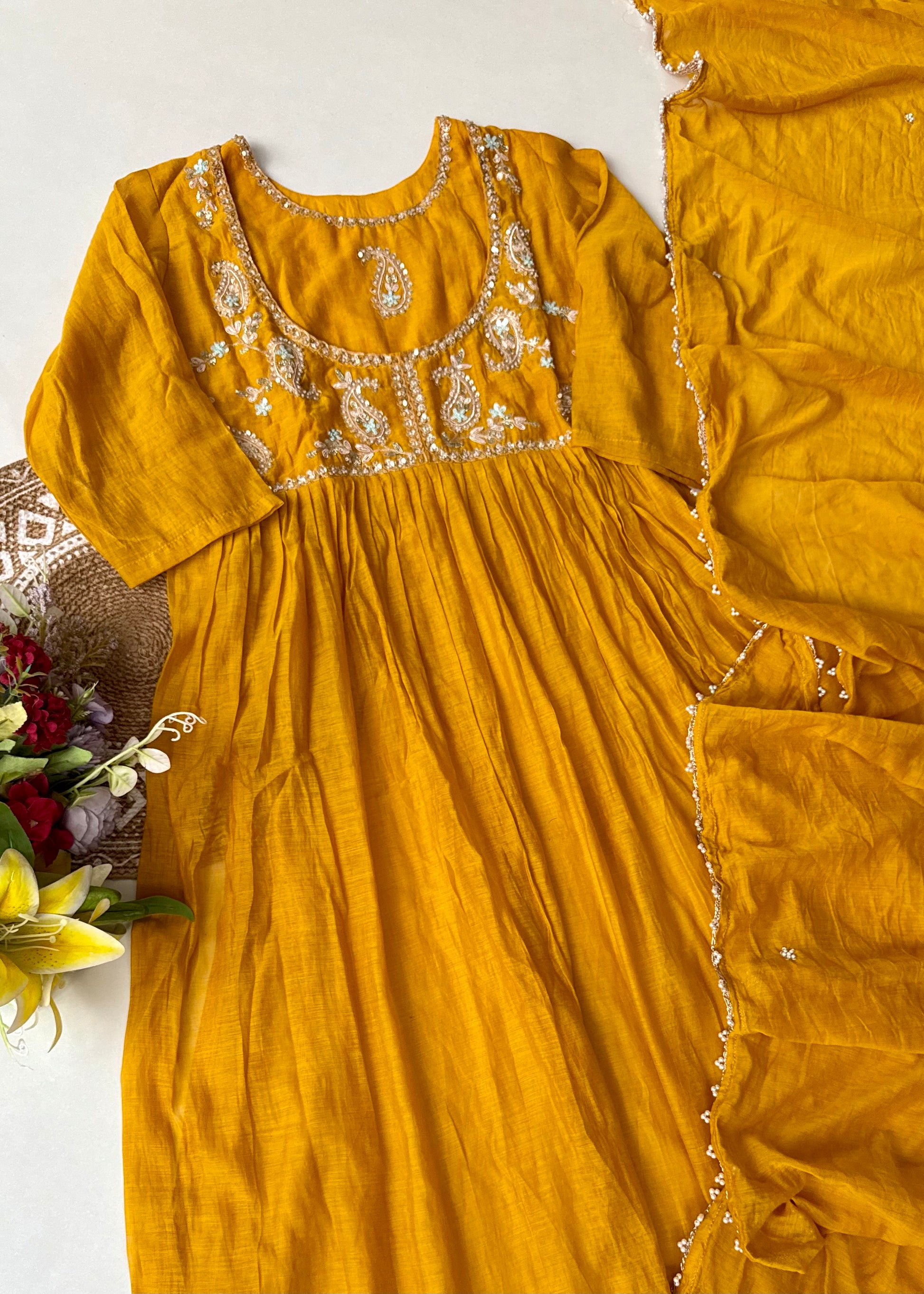 “MAITHALI” Beautiful side cut Mul Chanderi dress