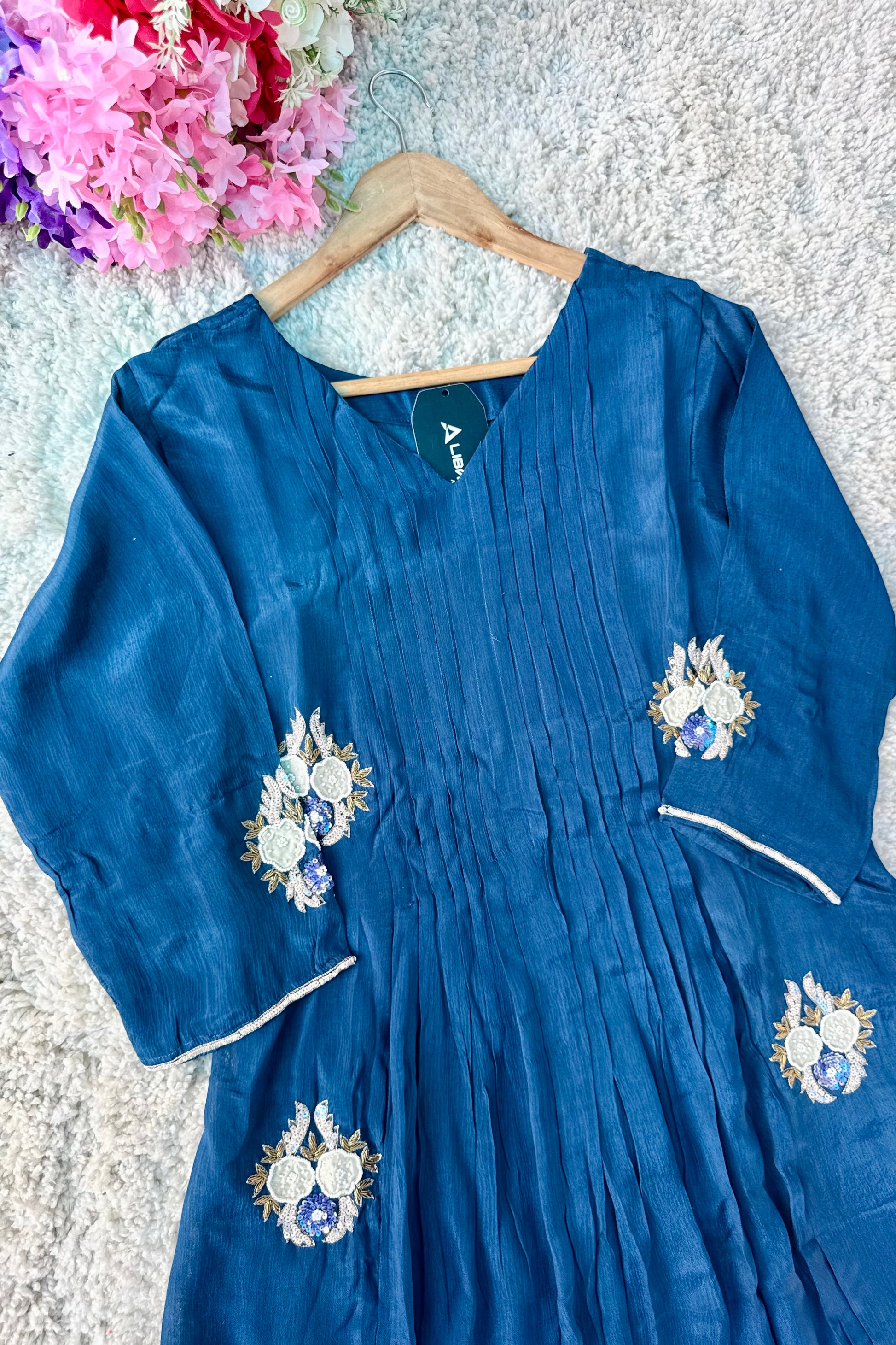 💫Maya – Premium Blue Chinnon A Line Kurta Set