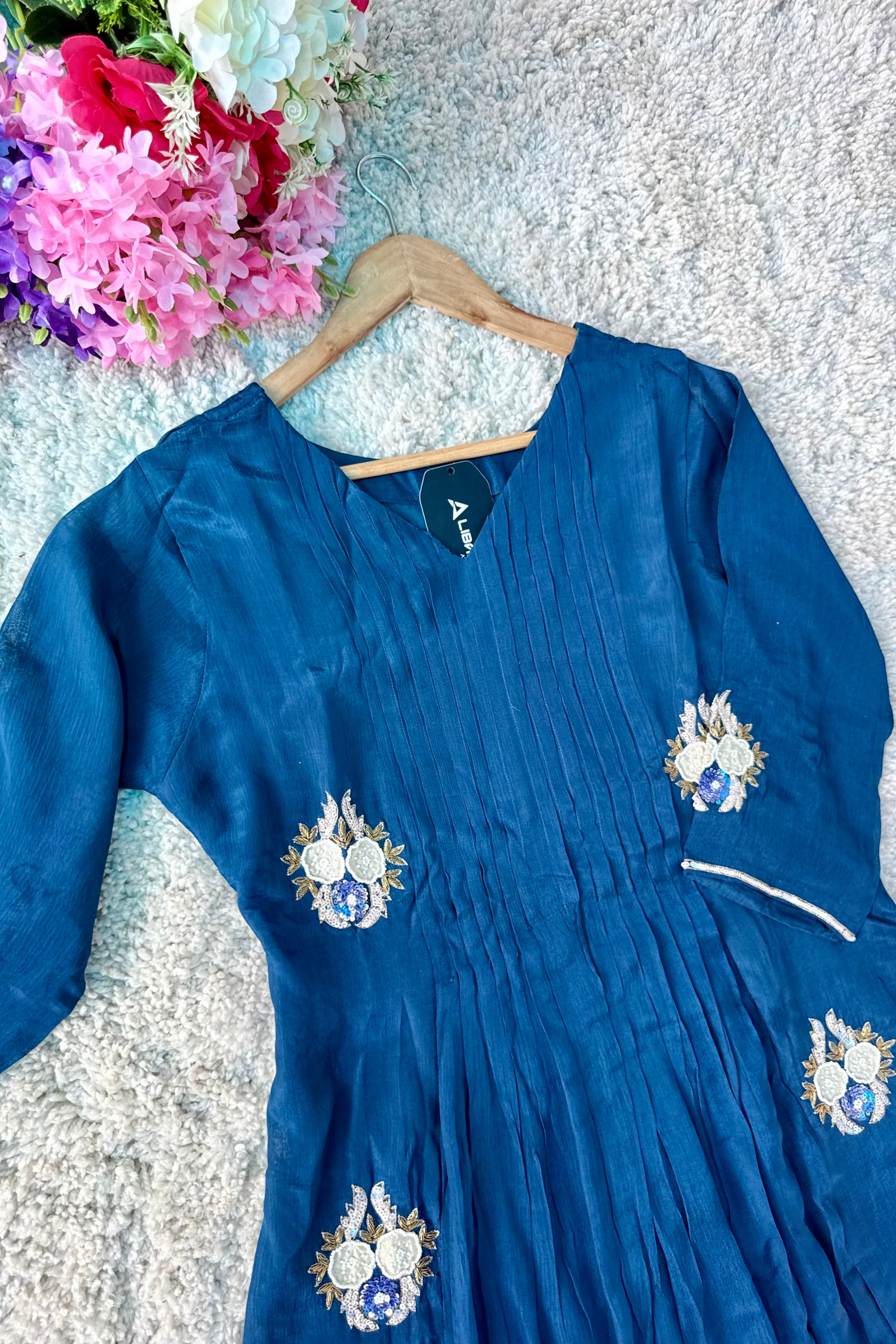 💫Maya – Premium Blue Chinnon A Line Kurta Set