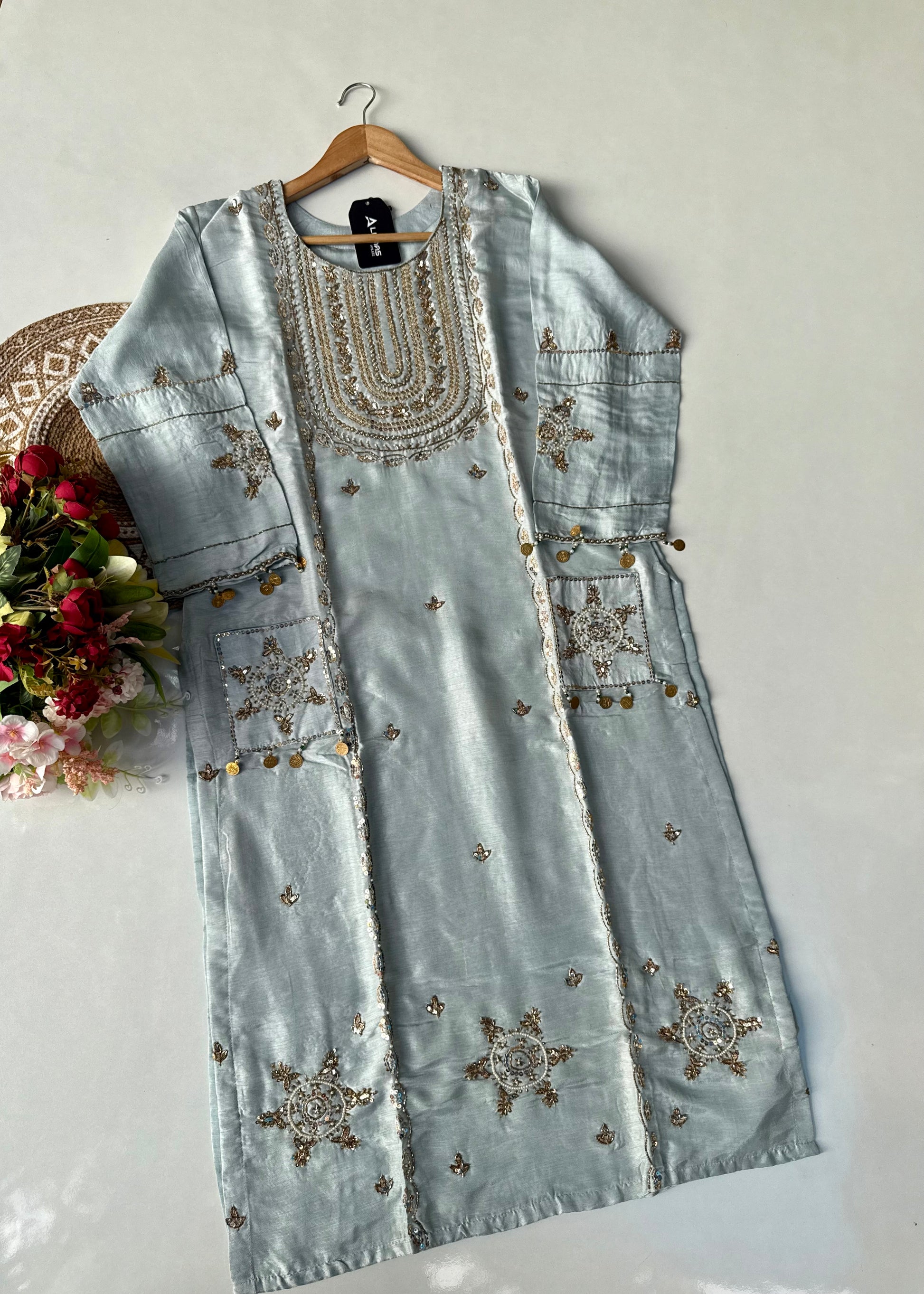 “Aylize” Elegant Dola Silk heavy handwork Kurta Set with Dupatta