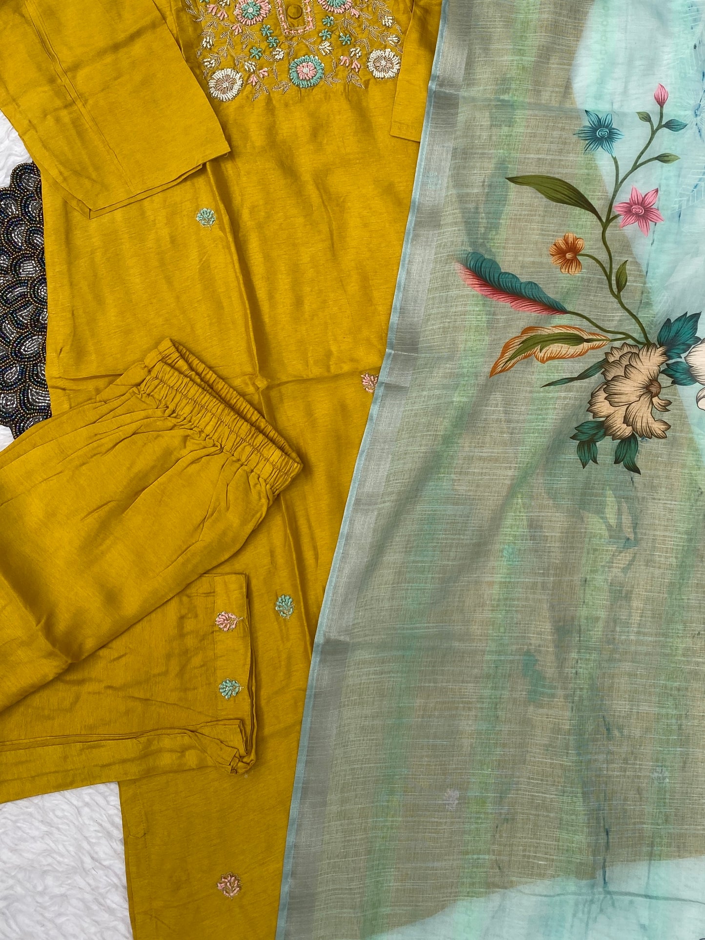 “URVI” Beautiful yellow handwork kurta bottom with lenin dupatta set