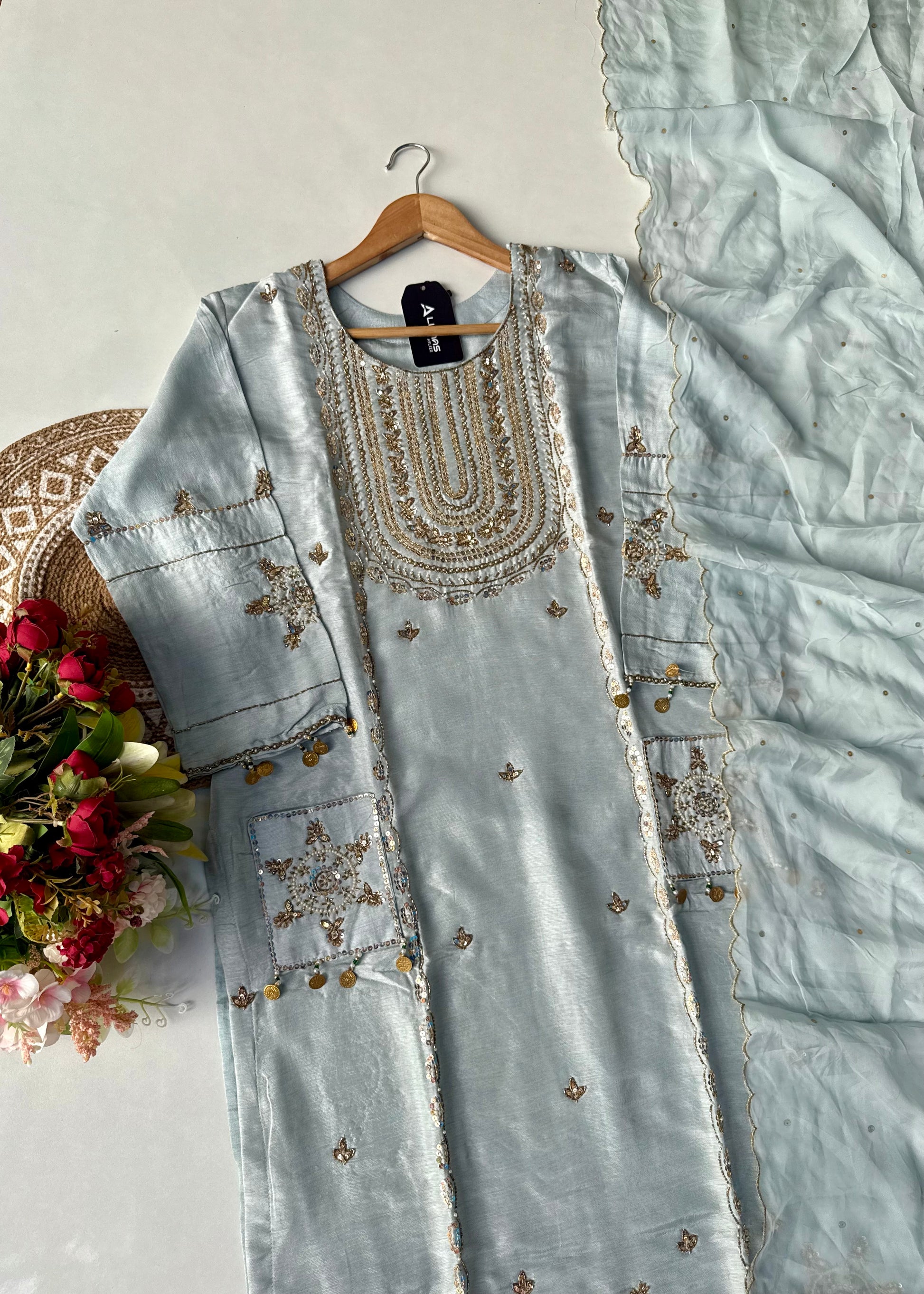 “Aylize” Elegant Dola Silk heavy handwork Kurta Set with Dupatta