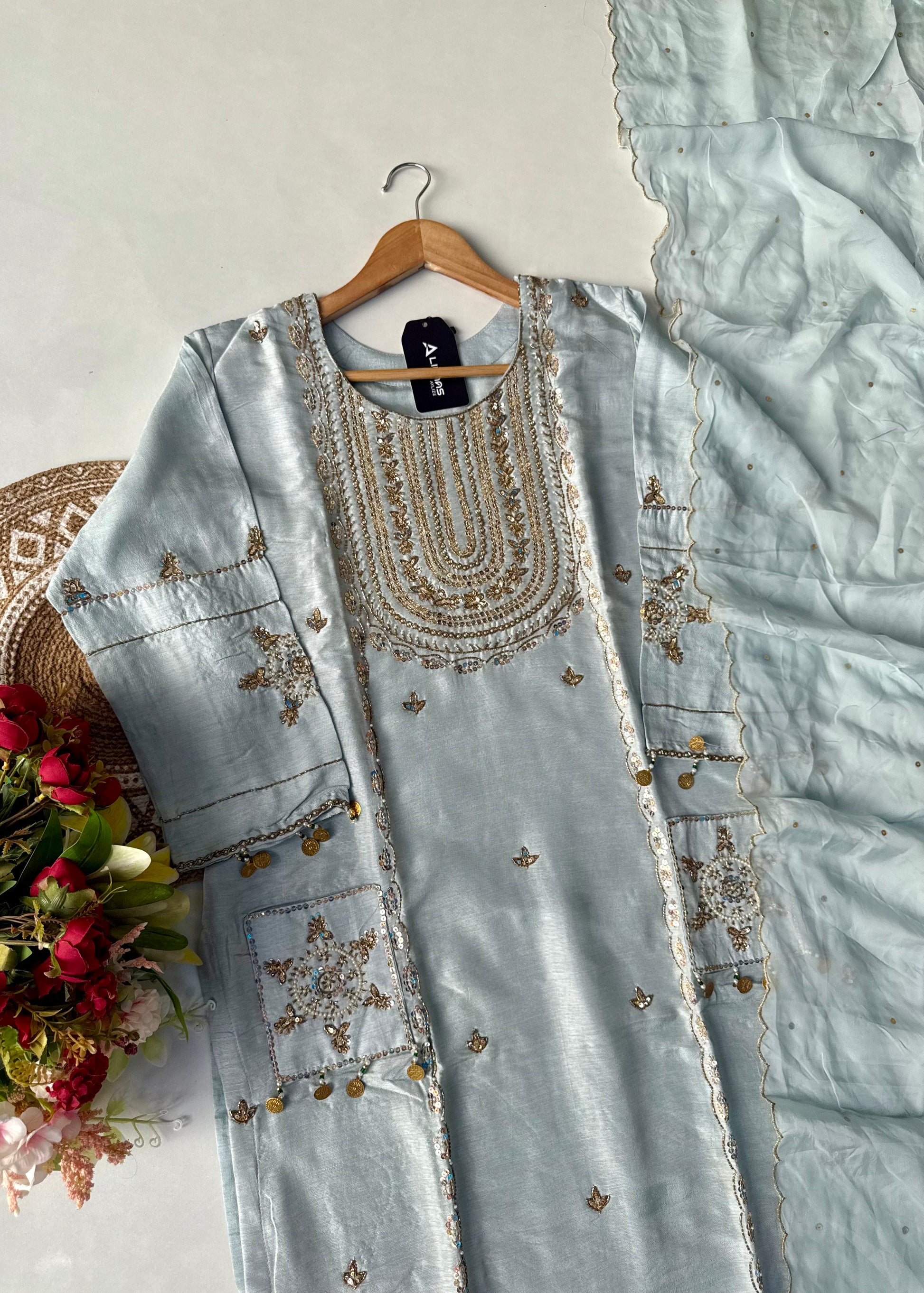 “Aylize” Elegant Dola Silk heavy handwork Kurta Set with Dupatta