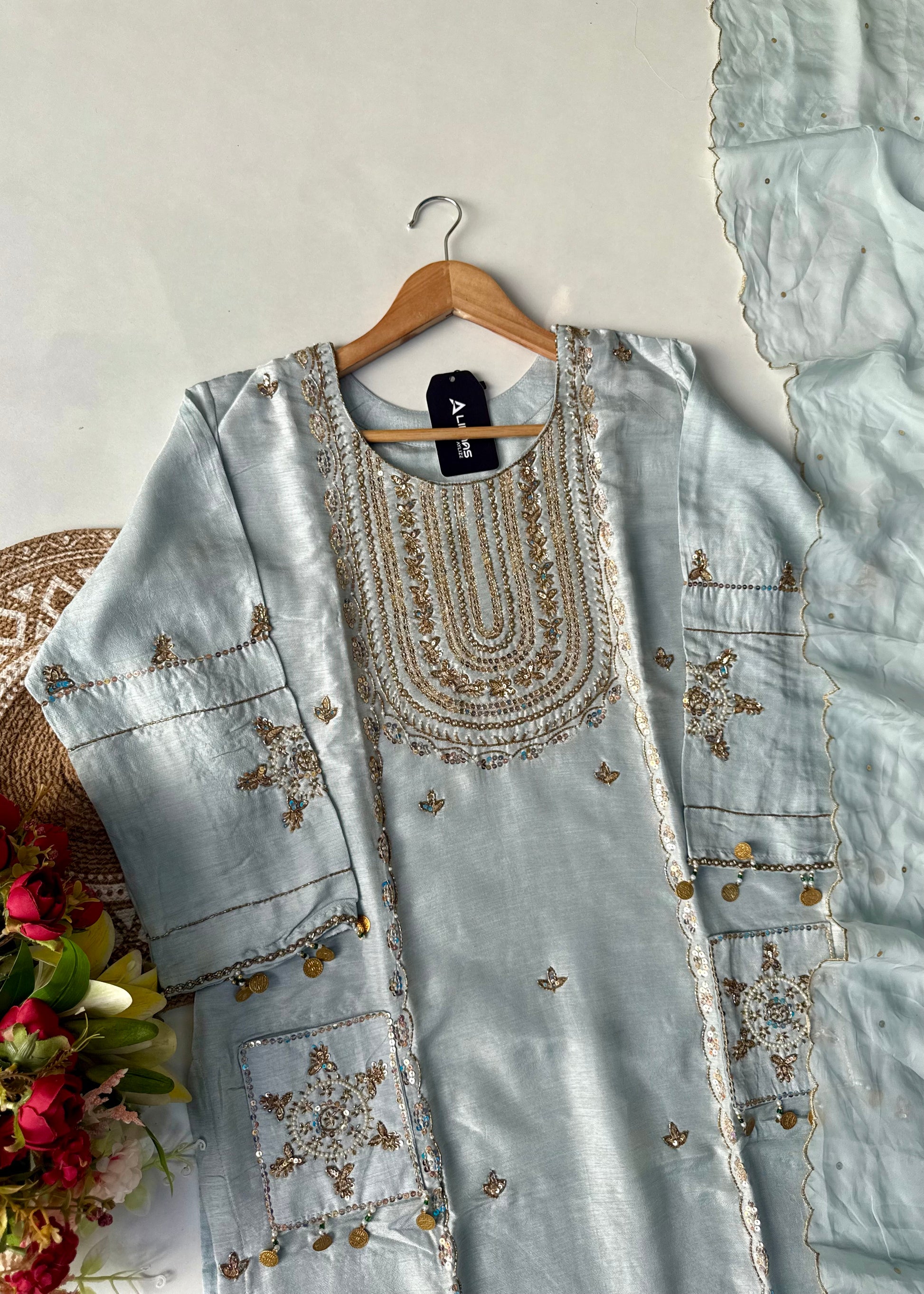 “Aylize” Elegant Dola Silk heavy handwork Kurta Set with Dupatta