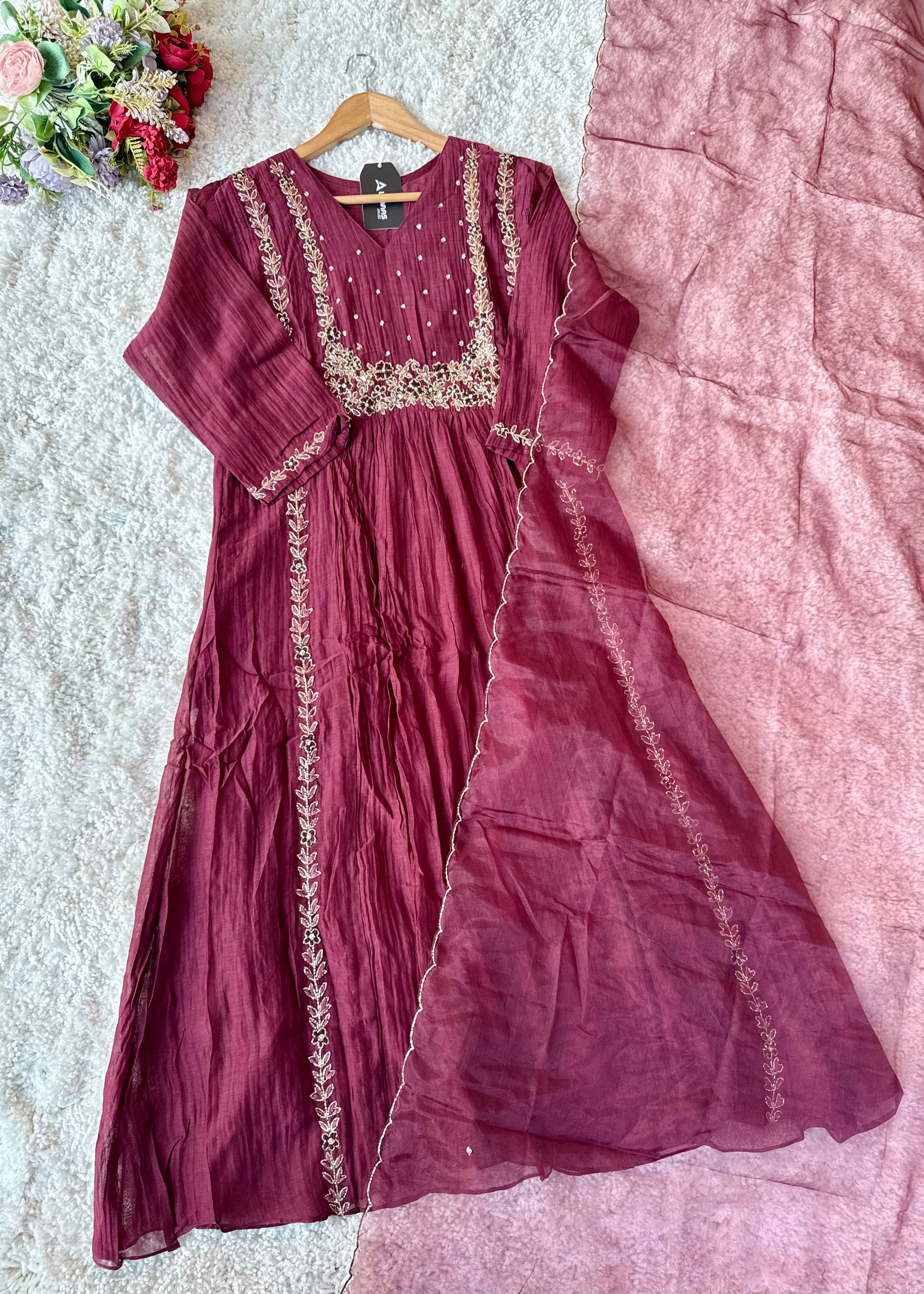 “Ayza” Premium Maroon Mul Chanderi A Line Suit set 🛍️