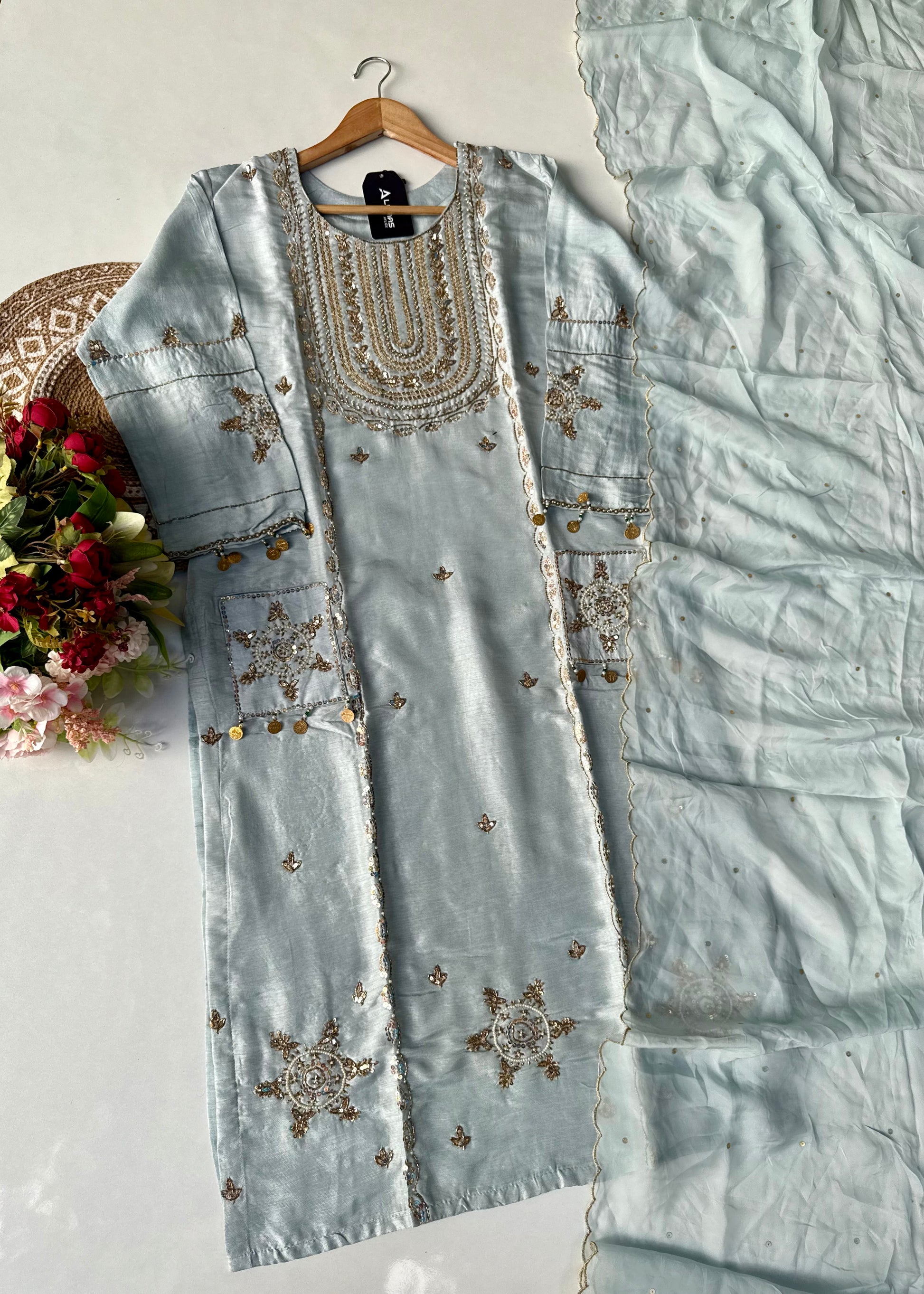 “Aylize” Elegant Dola Silk heavy handwork Kurta Set with Dupatta