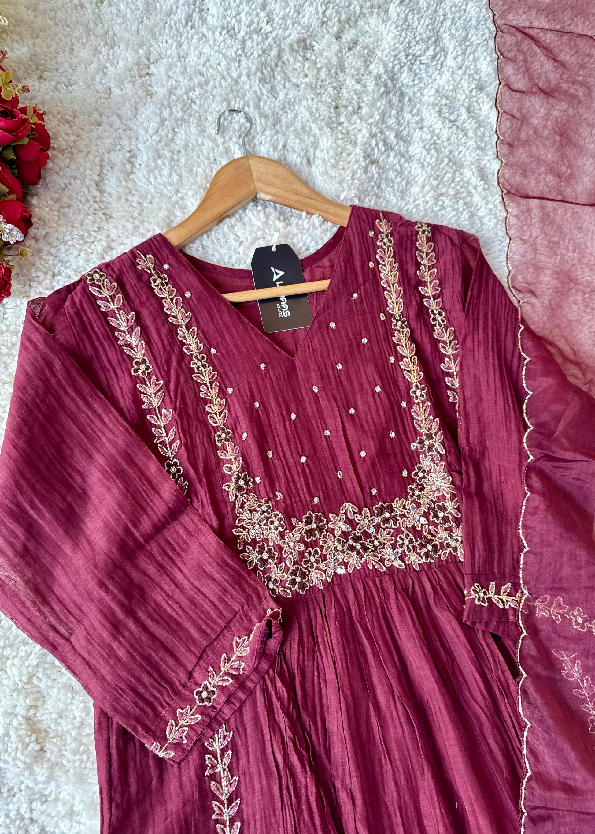 “Ayza” Premium Maroon Mul Chanderi A Line Suit set 🛍️