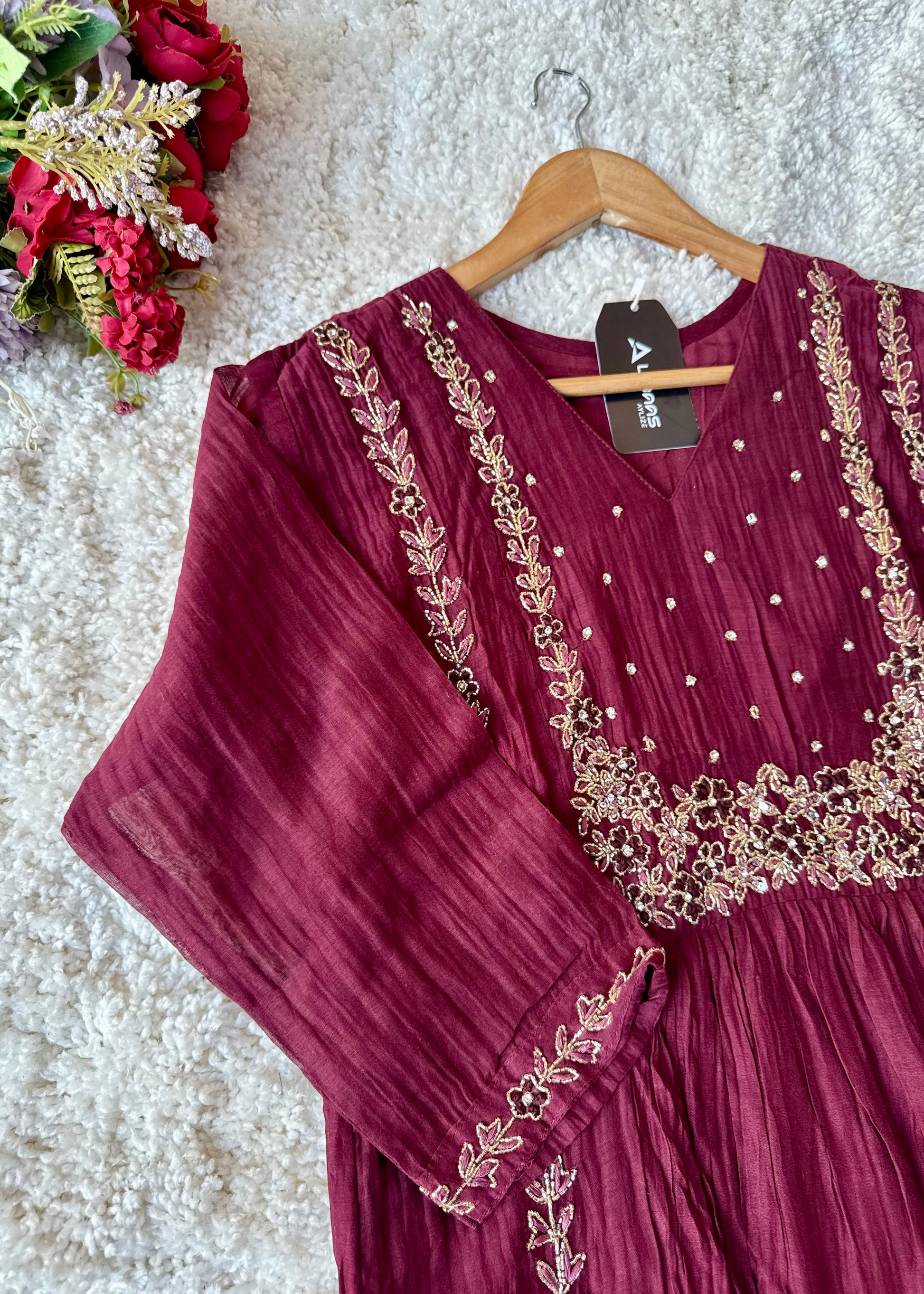 “Ayza” Premium Maroon Mul Chanderi A Line Suit set 🛍️