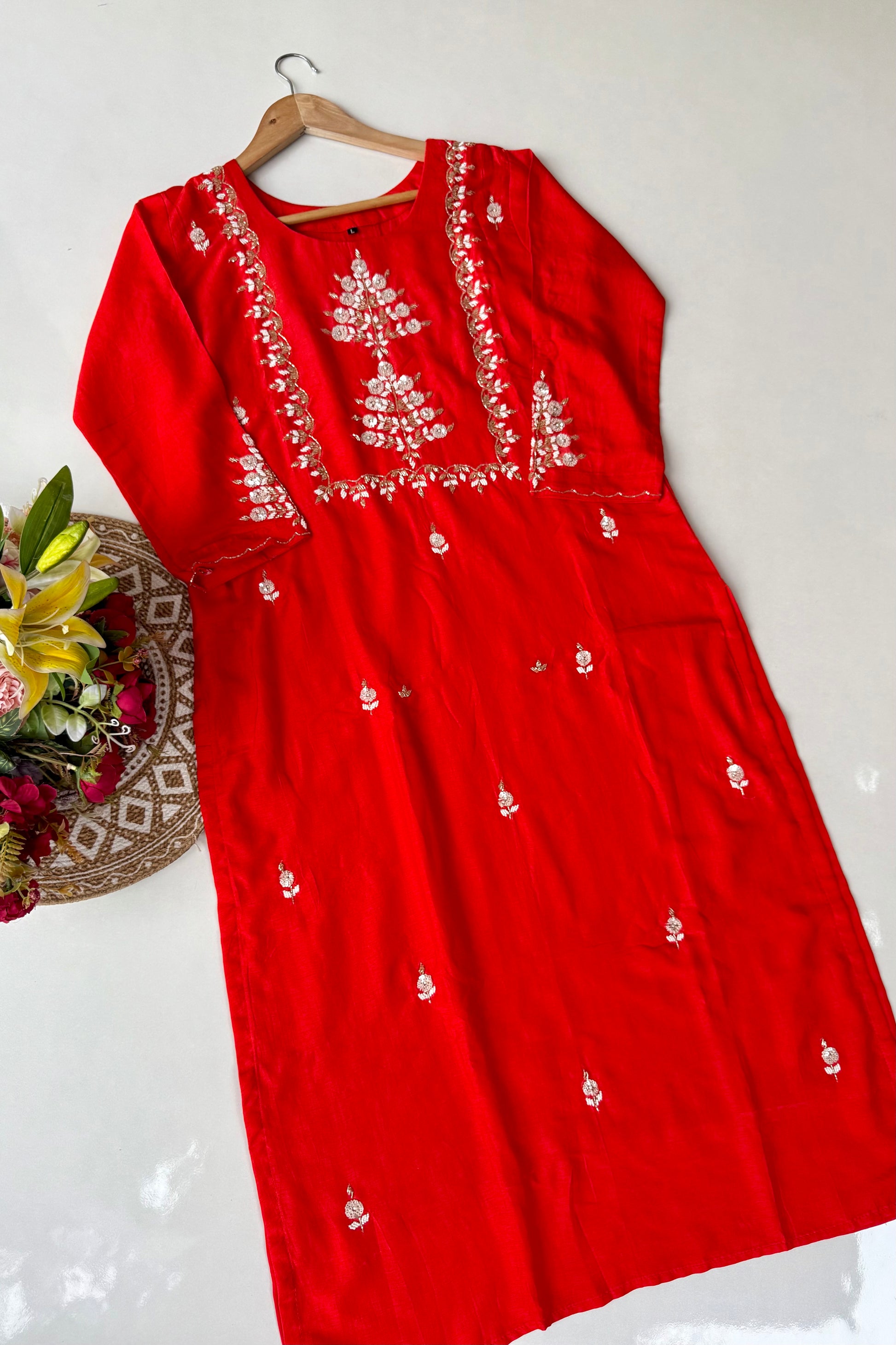 “Orange” Partywear Orange heavy handwork Dola Silk Kurta Set