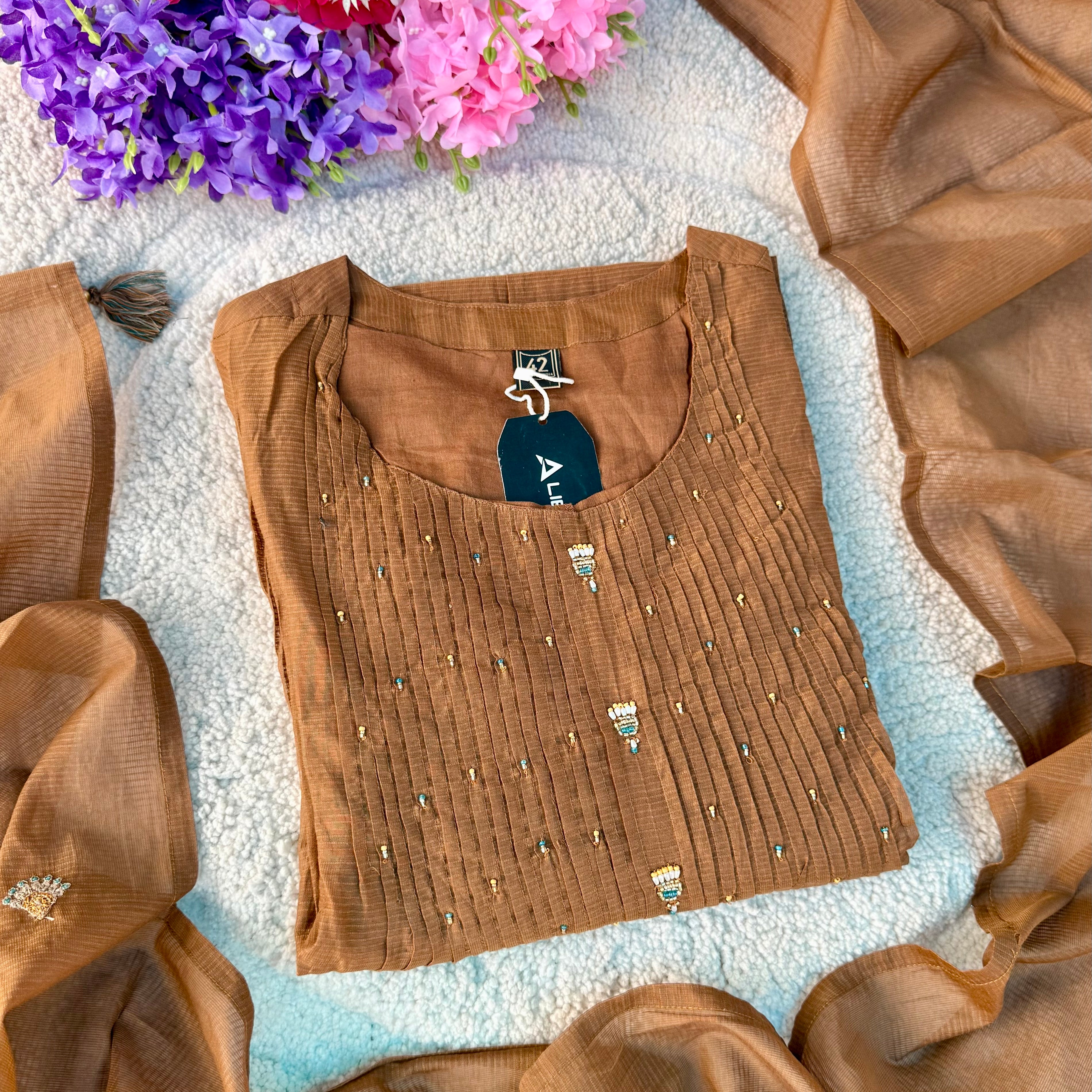 ✨Az01- Brown Kota Cotton Embroidered Anarkali Kurta Set