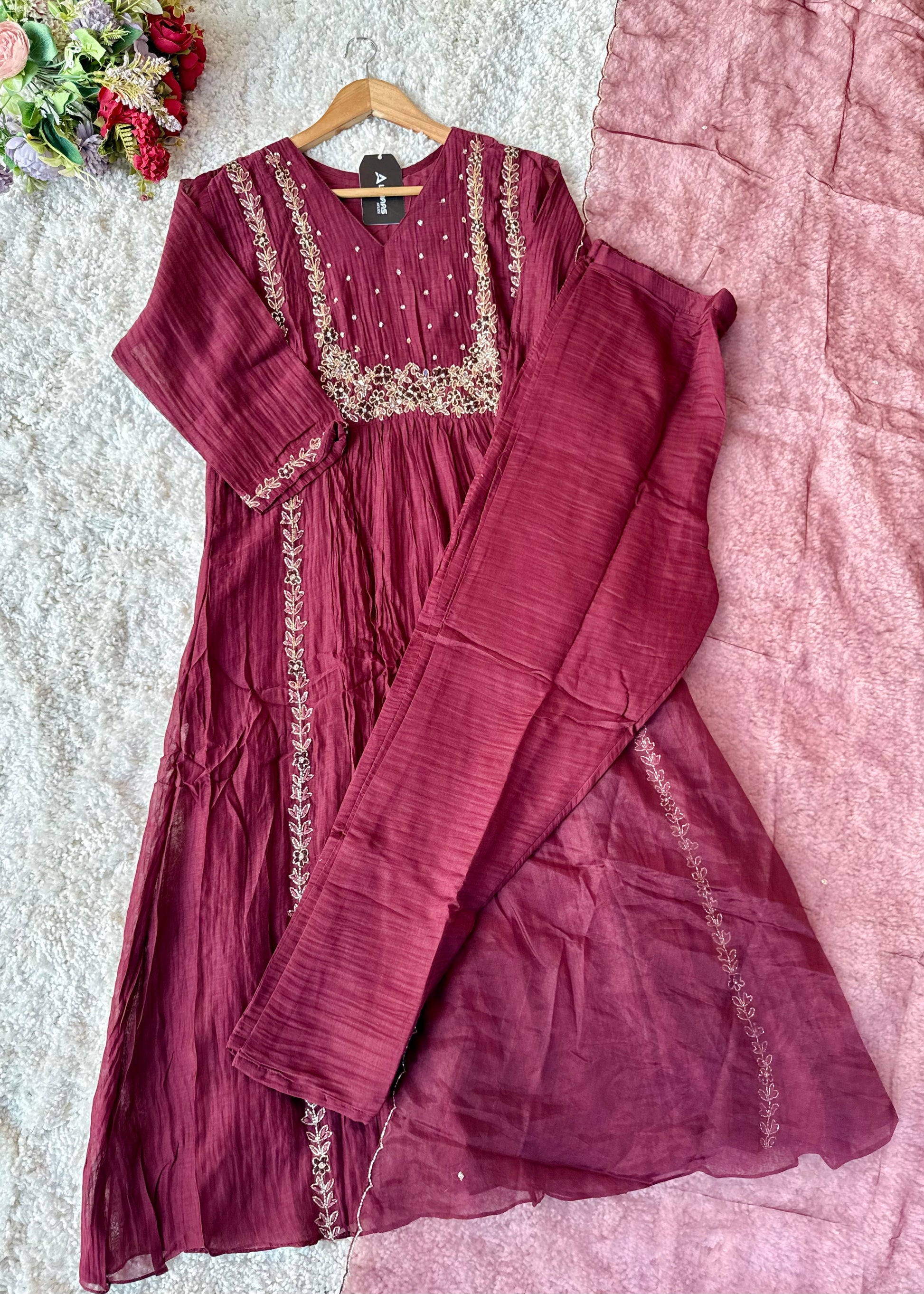 “Ayza” Premium Maroon Mul Chanderi A Line Suit set 🛍️