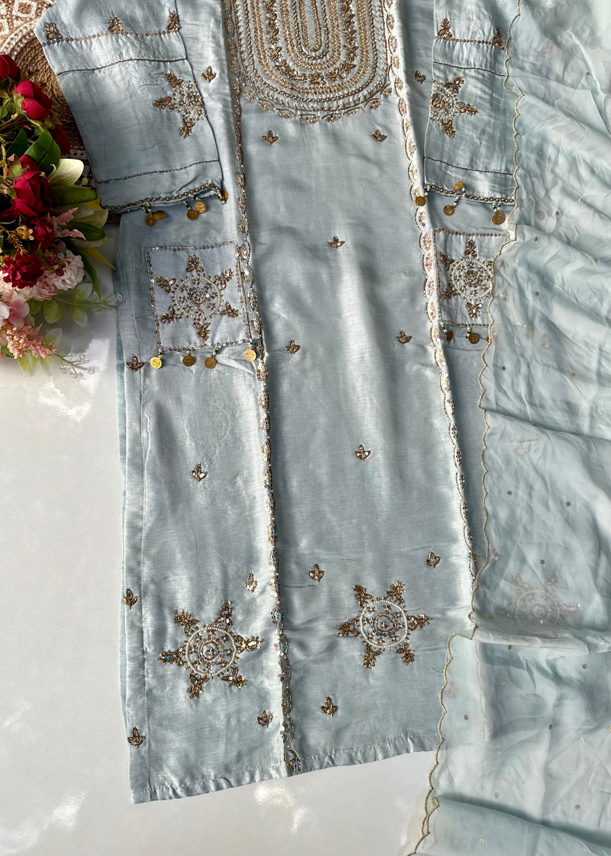 “Aylize” Elegant Dola Silk heavy handwork Kurta Set with Dupatta