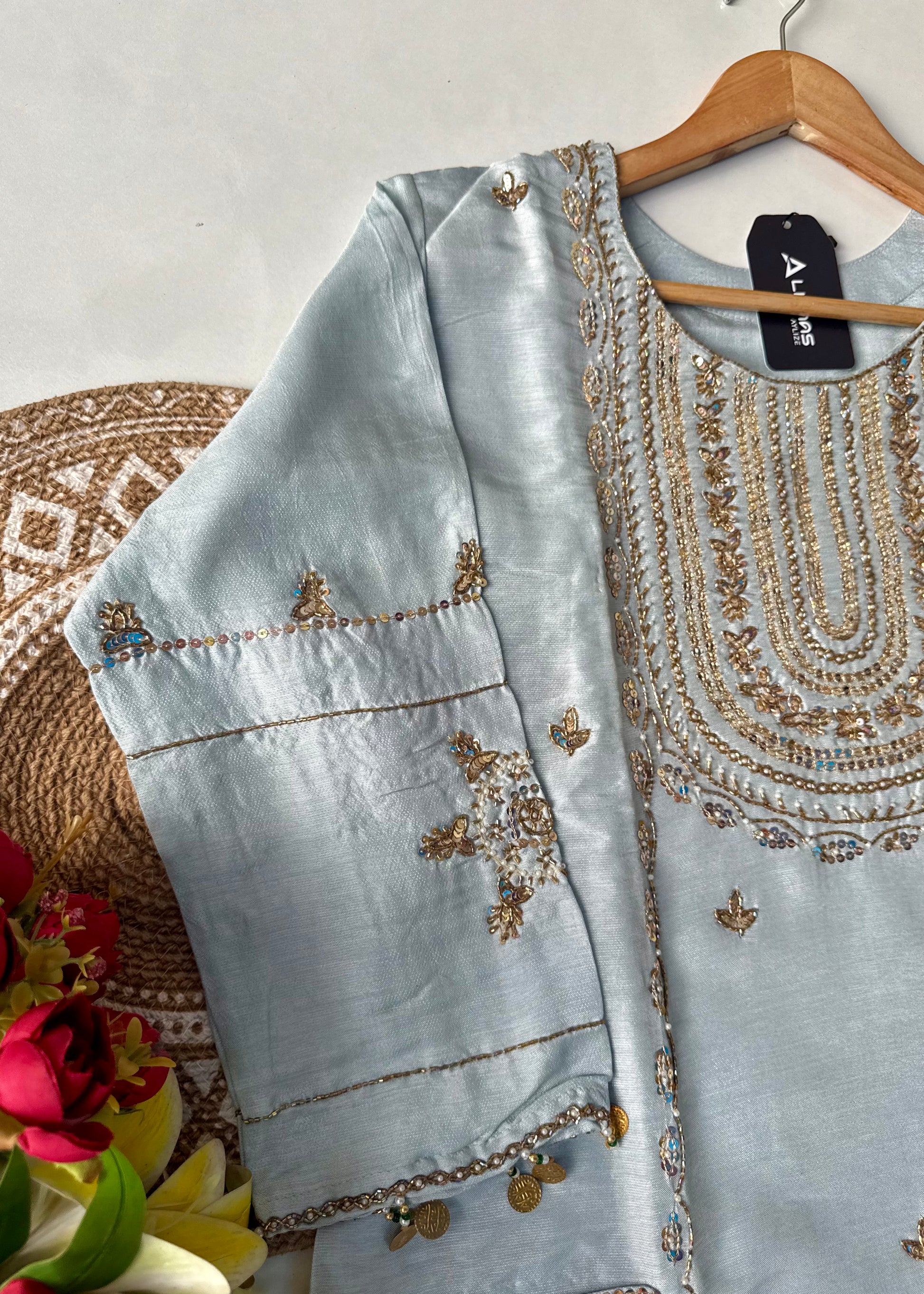 “Aylize” Elegant Dola Silk heavy handwork Kurta Set with Dupatta