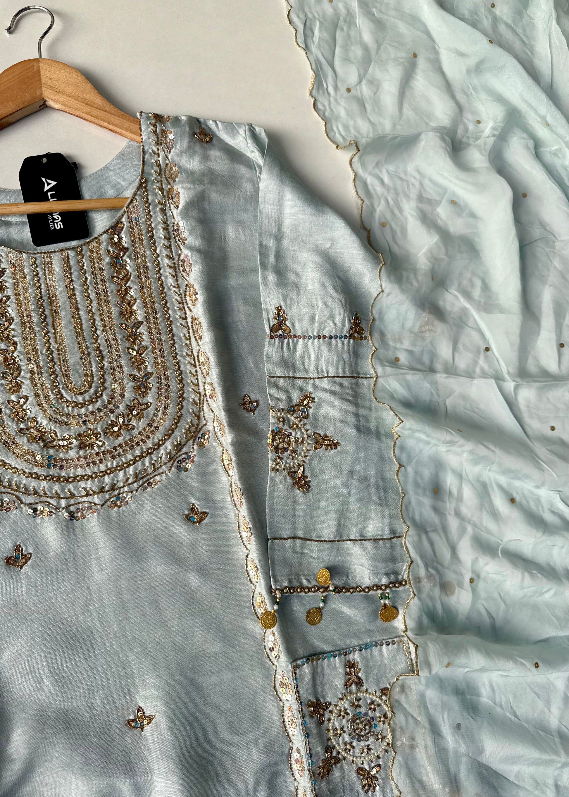 “Aylize” Elegant Dola Silk heavy handwork Kurta Set with Dupatta