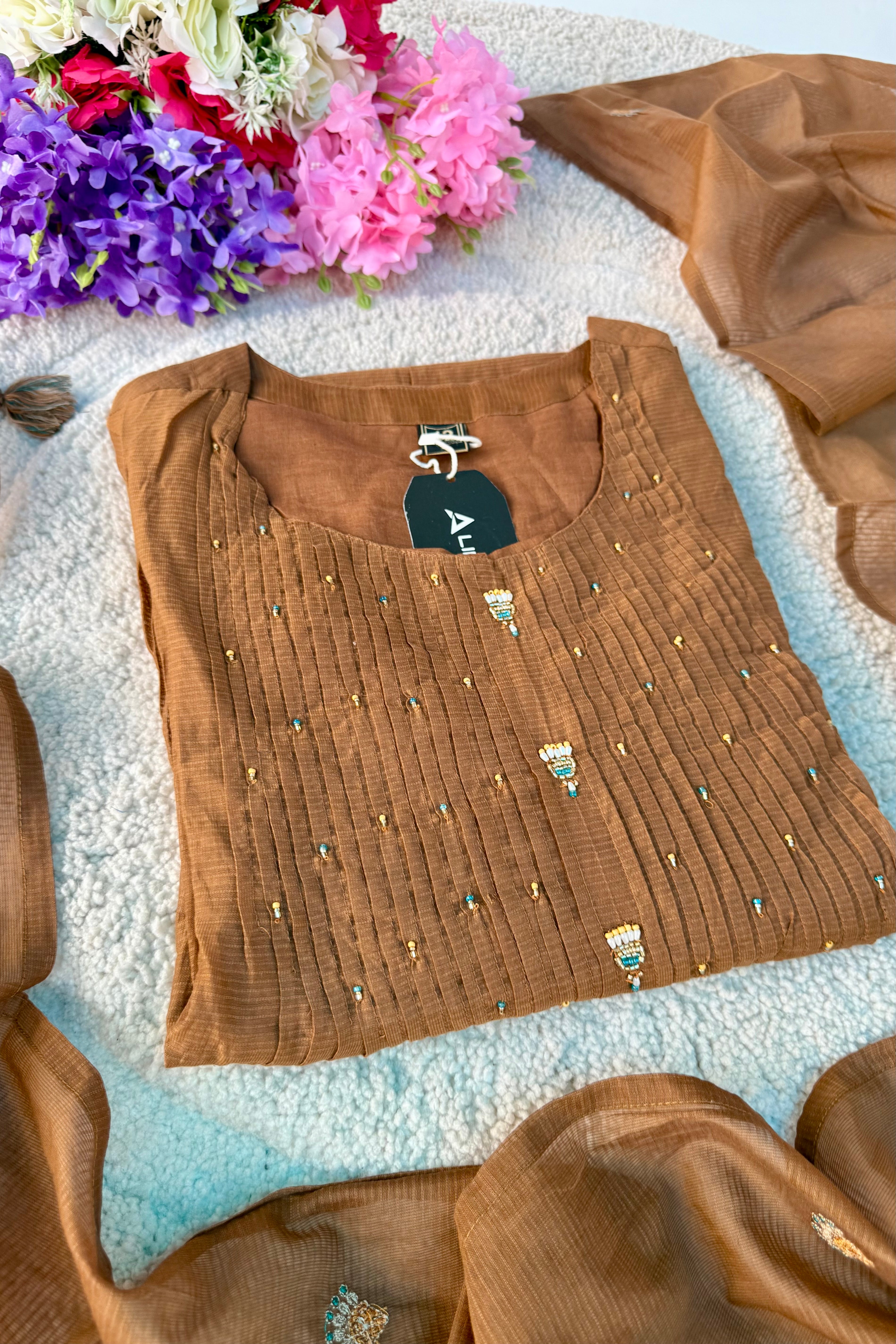 ✨Az01- Brown Kota Cotton Embroidered Anarkali Kurta Set (Copy)