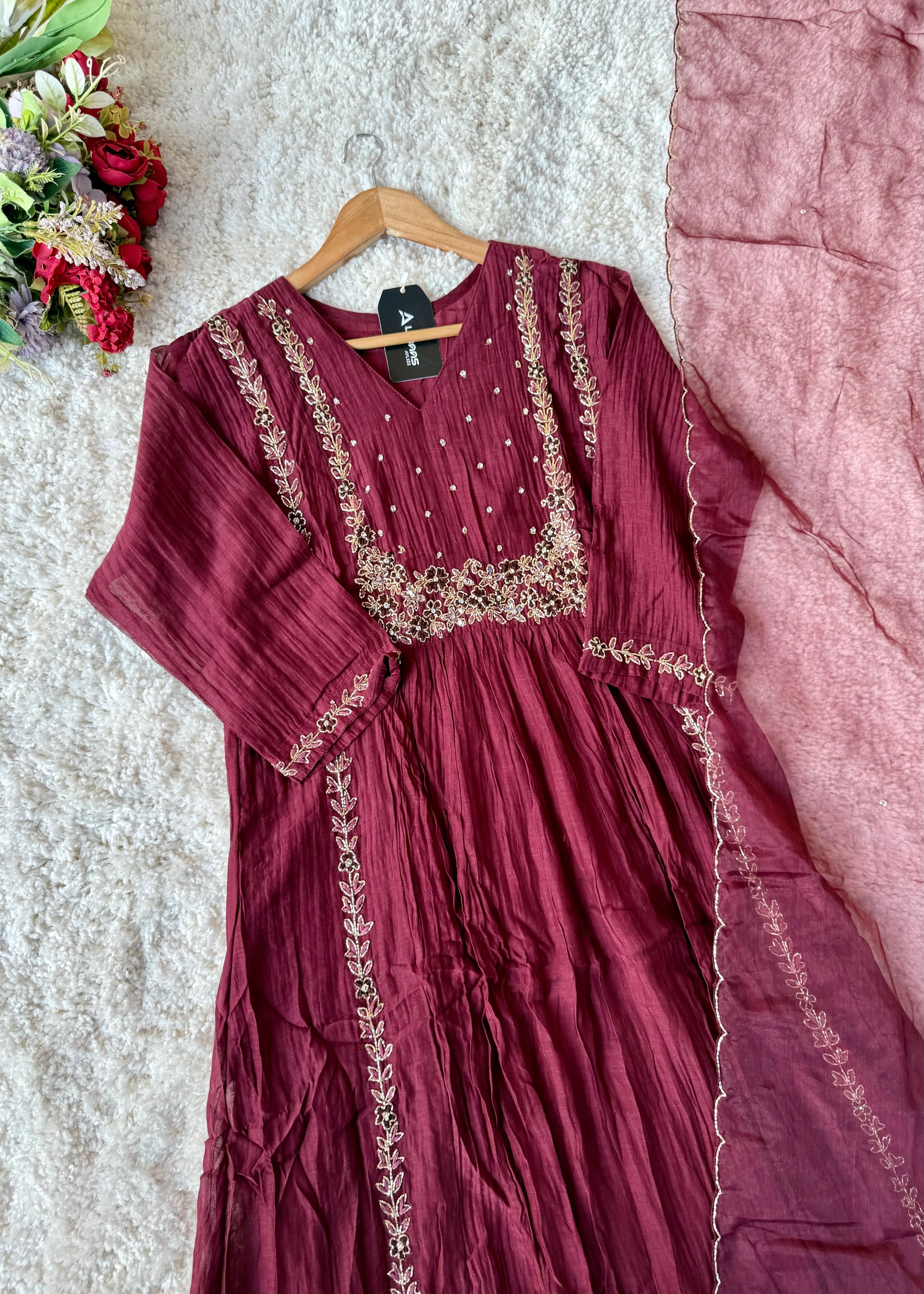 “Ayza” Premium Maroon Mul Chanderi A Line Suit set 🛍️