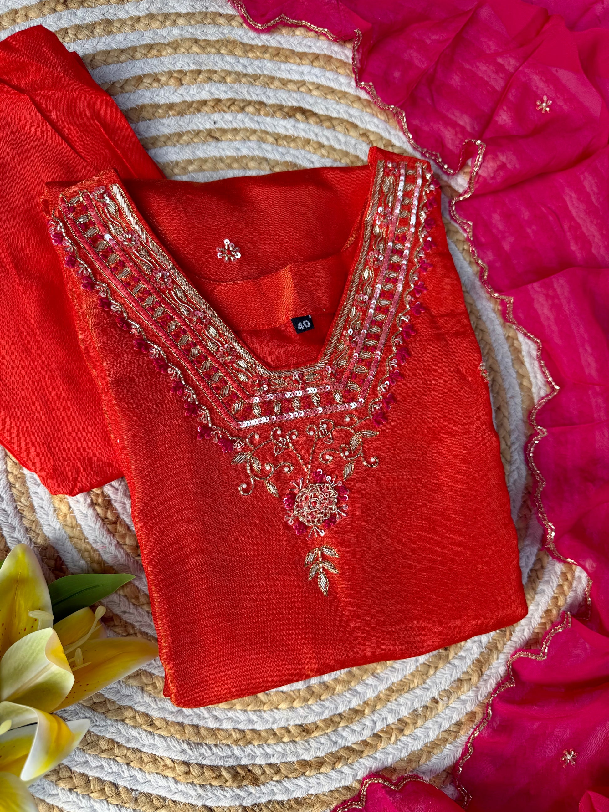 "Inaya” Beautiful orange shade tissue silk kurti set