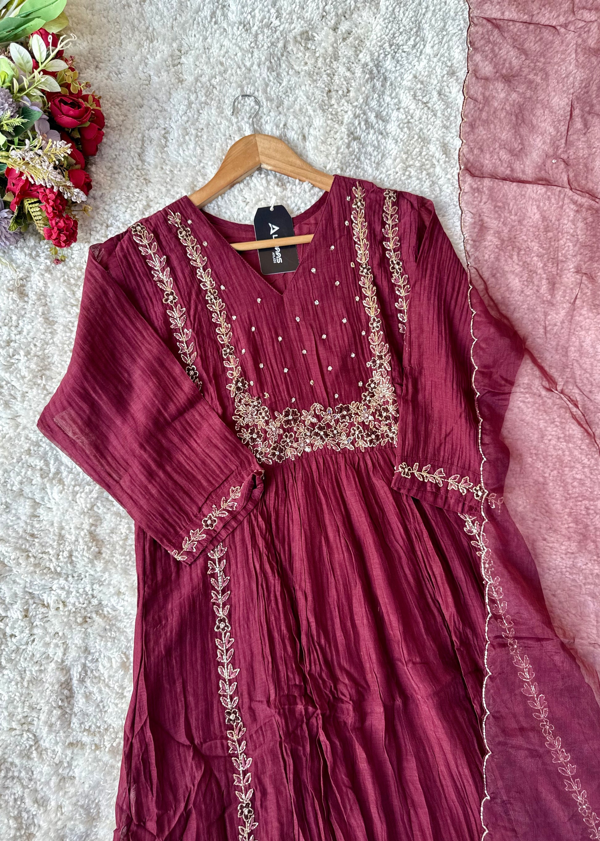 “Ayza” Premium Maroon Mul Chanderi A Line Suit set 🛍️