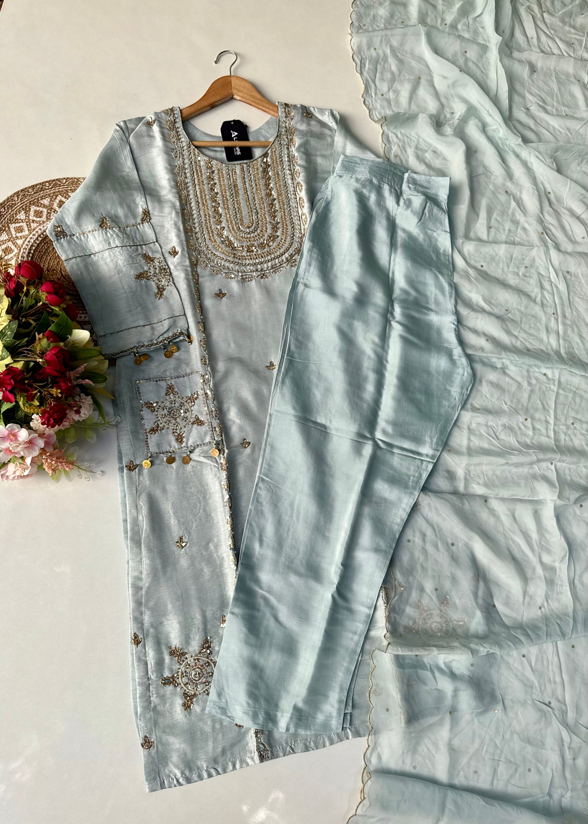 “Aylize” Elegant Dola Silk heavy handwork Kurta Set with Dupatta