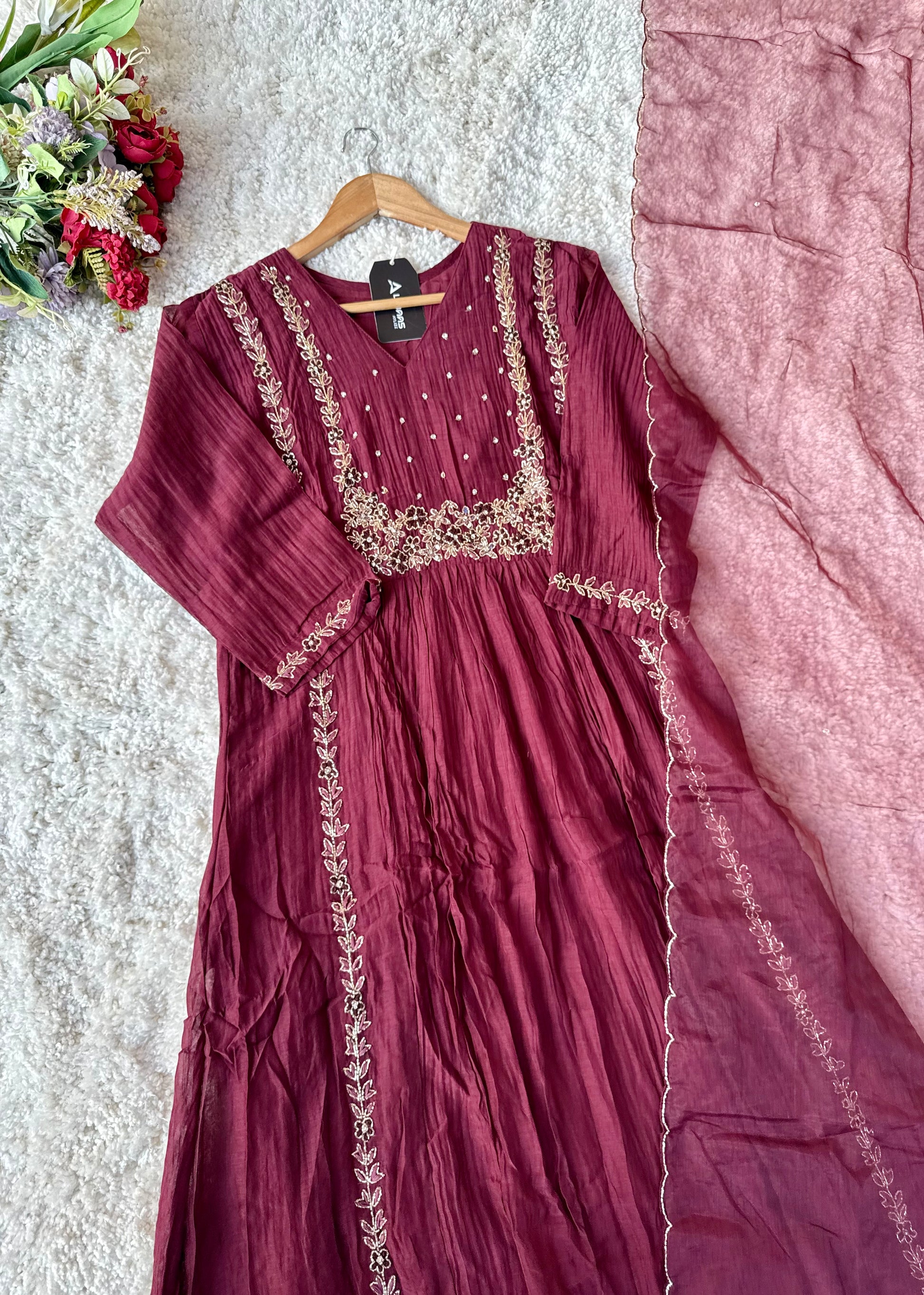 “Ayza” Premium Maroon Mul Chanderi A Line Suit set 🛍️