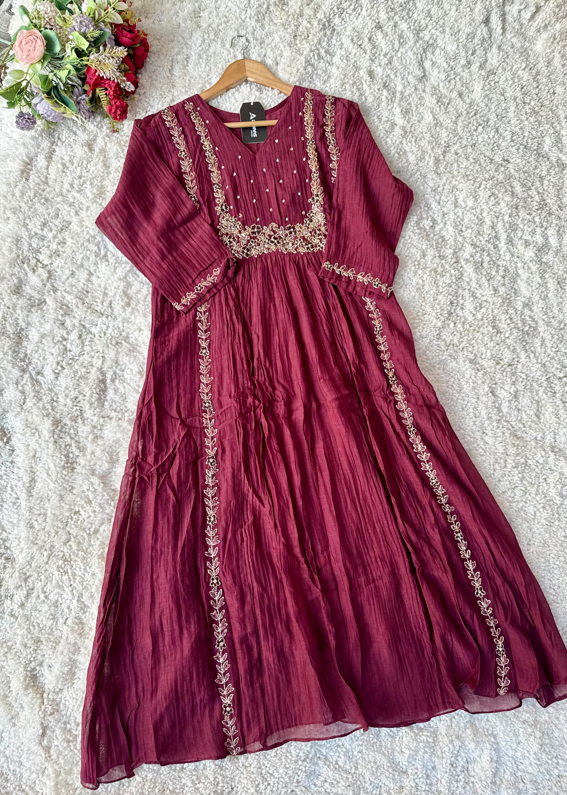 “Ayza” Premium Maroon Mul Chanderi A Line Suit set 🛍️