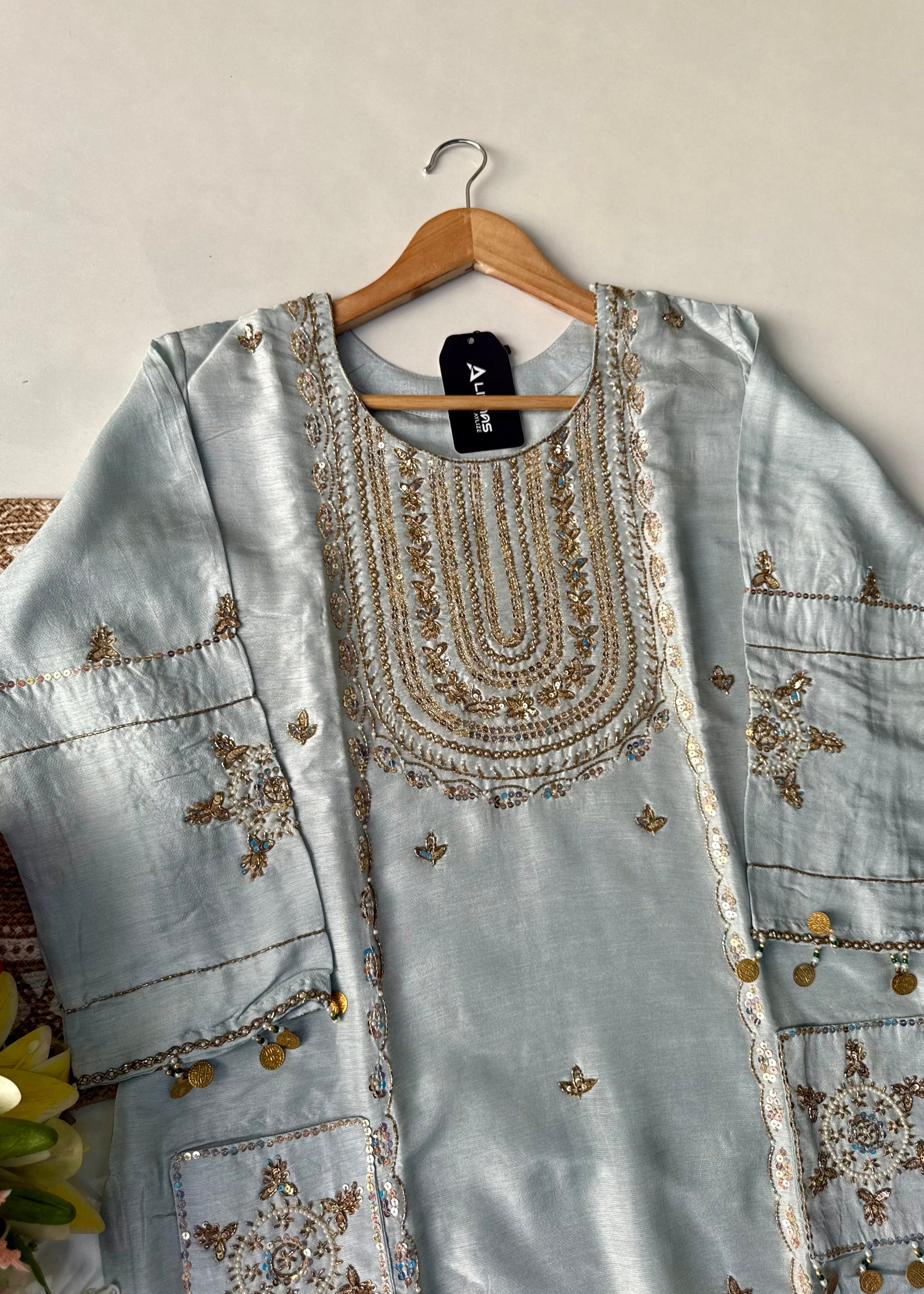 “Aylize” Elegant Dola Silk heavy handwork Kurta Set with Dupatta