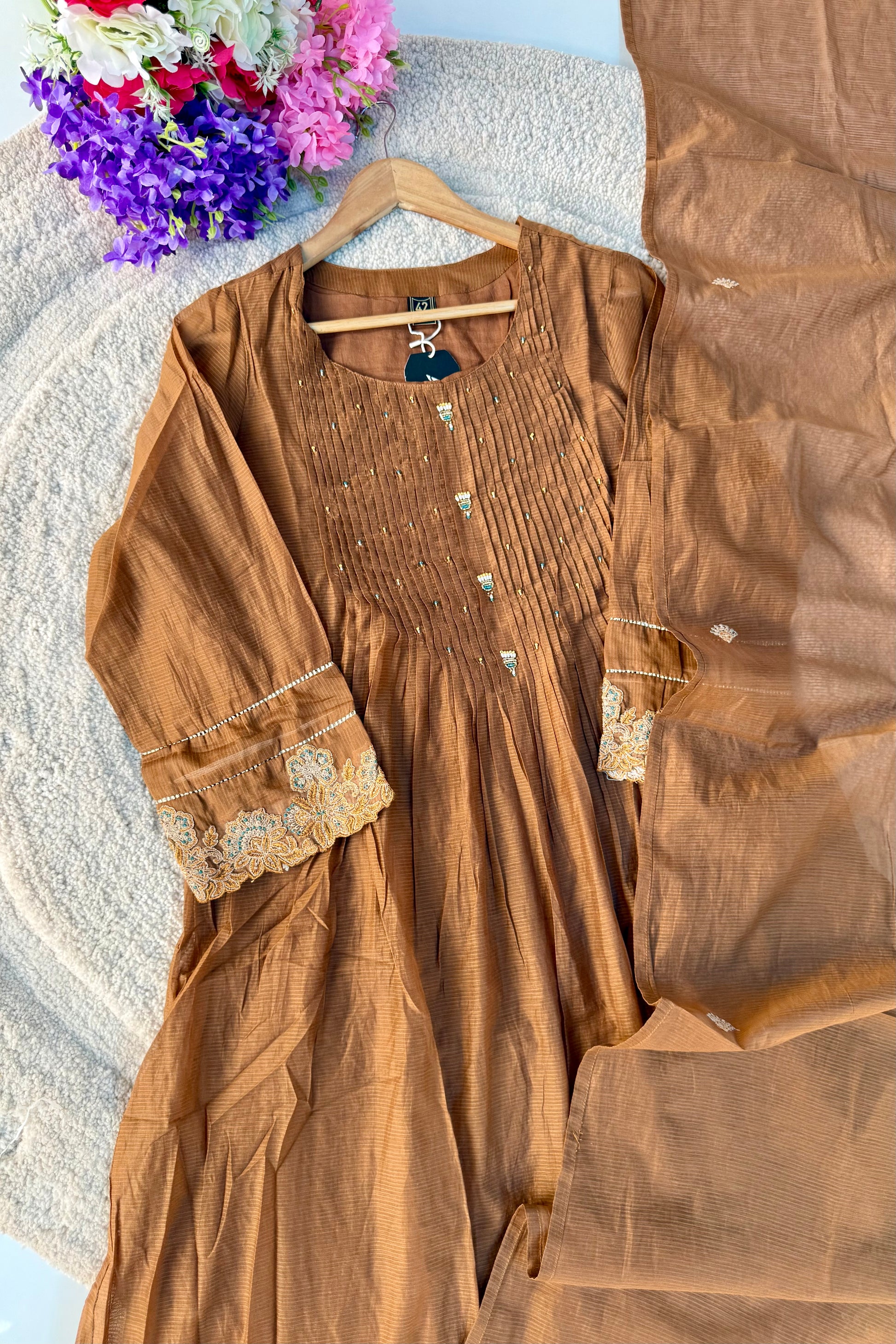 ✨Az01- Brown Kota Cotton Embroidered Anarkali Kurta Set