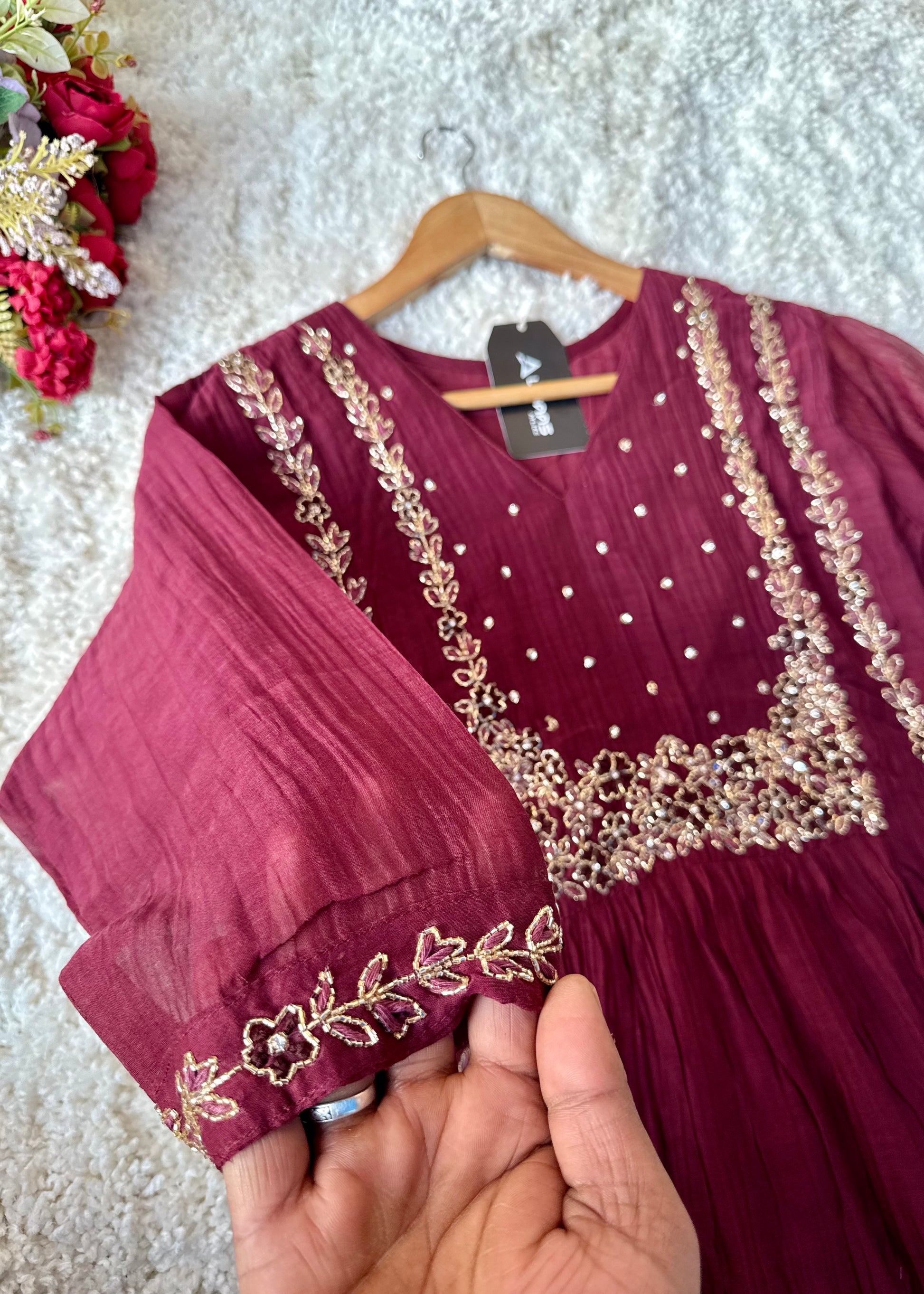 “Ayza” Premium Maroon Mul Chanderi A Line Suit set 🛍️
