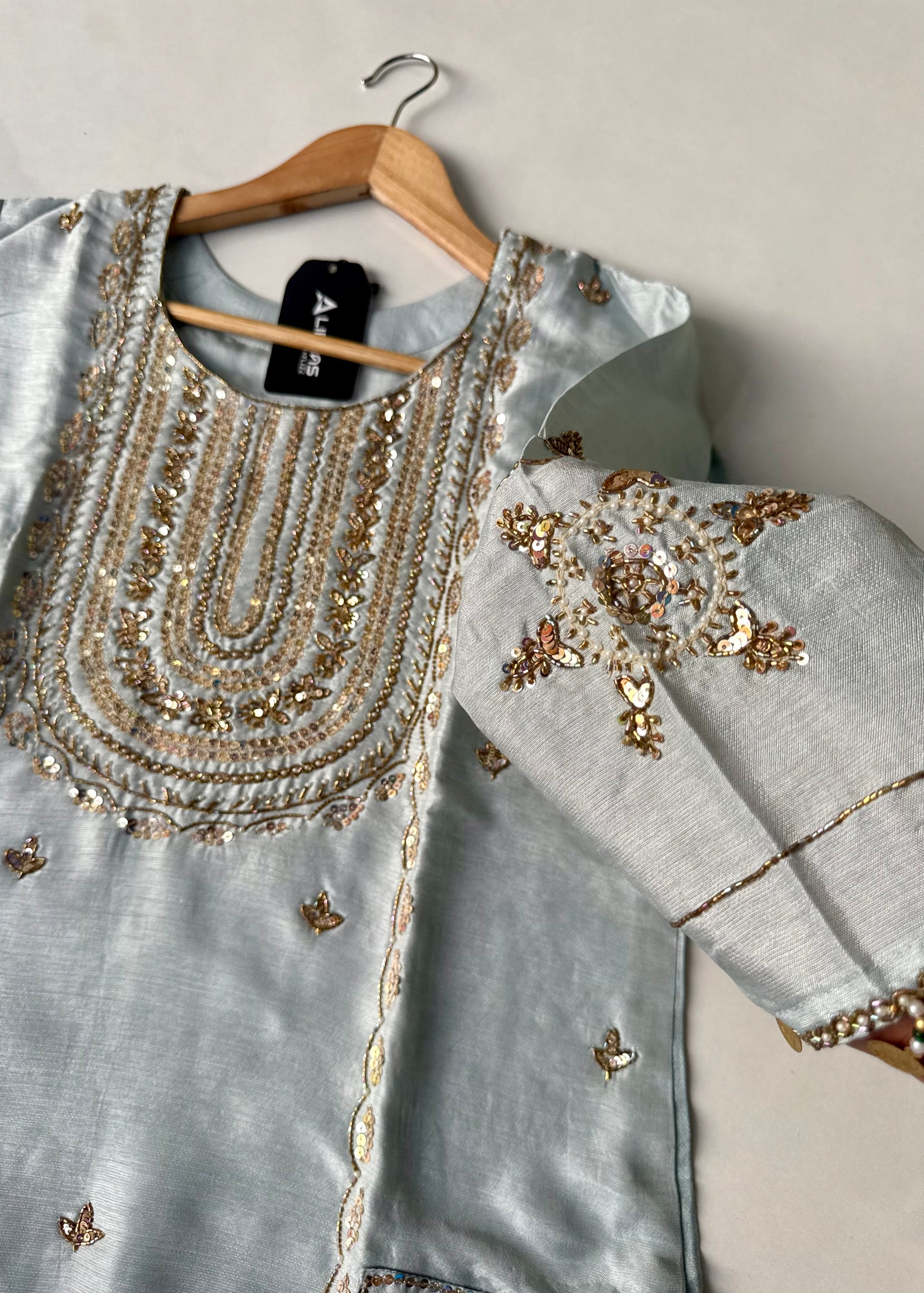 “Aylize” Elegant Dola Silk heavy handwork Kurta Set with Dupatta