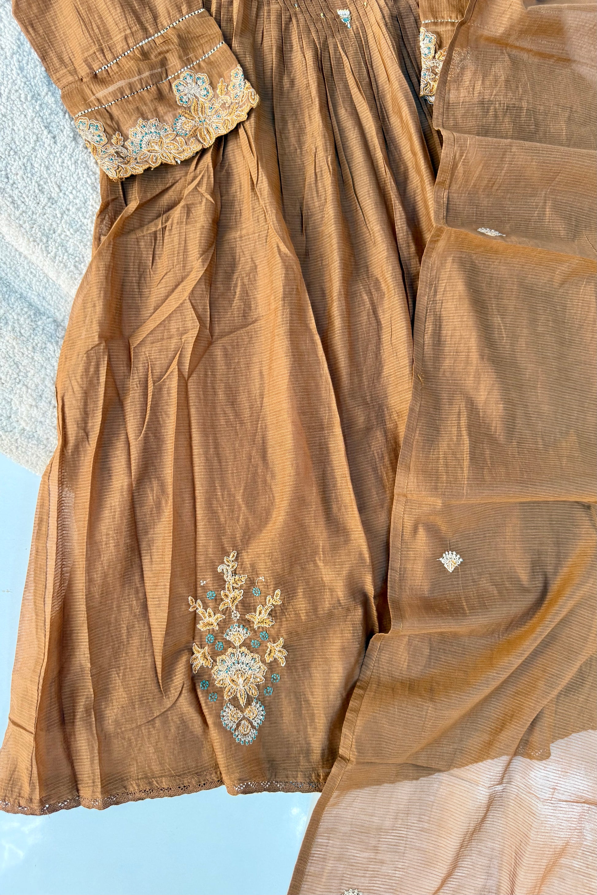 ✨Az01- Brown Kota Cotton Embroidered Anarkali Kurta Set