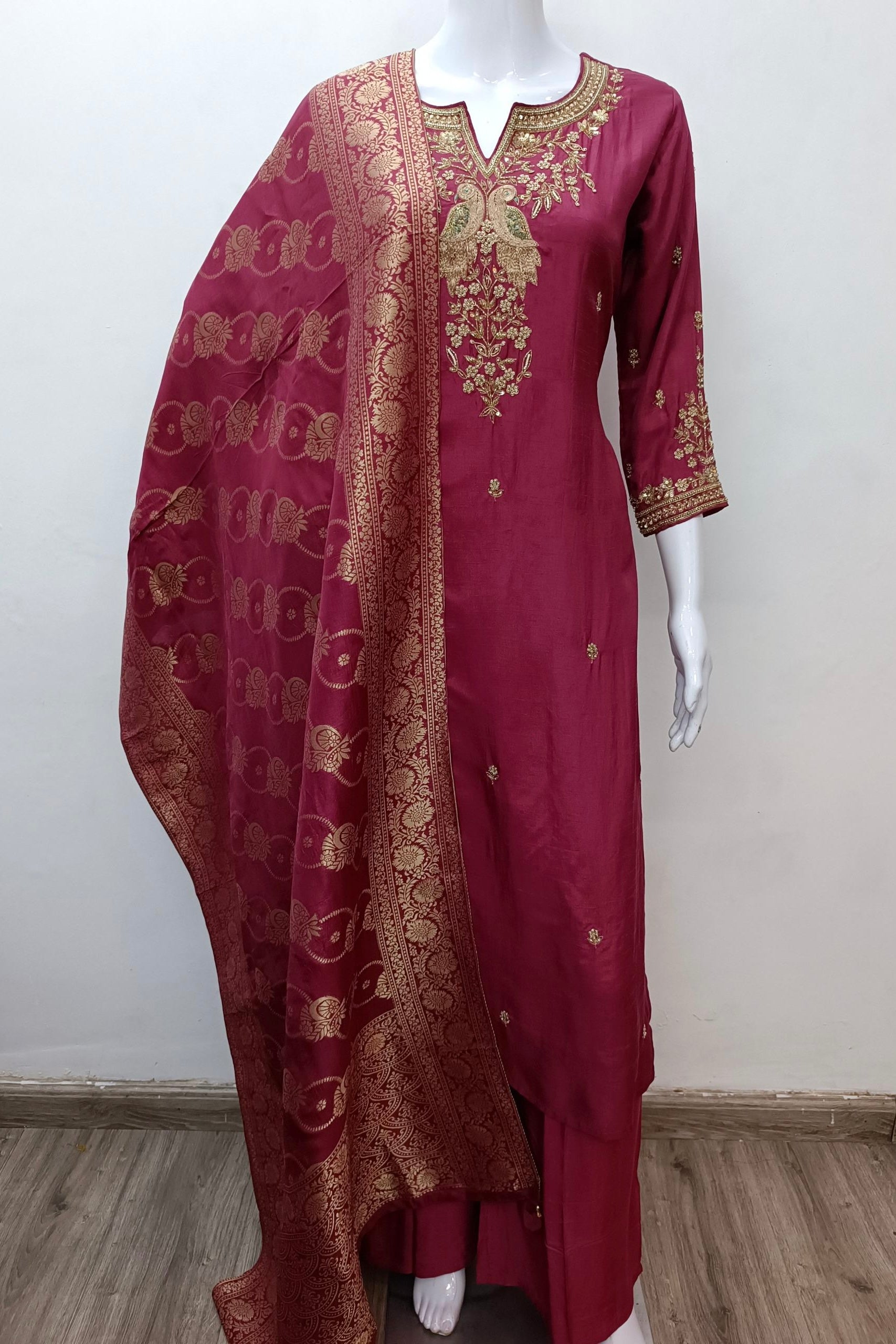 “Roses” Premium Wine Dola Silk handcrafted kurti bottom with Banarsi dupatta set