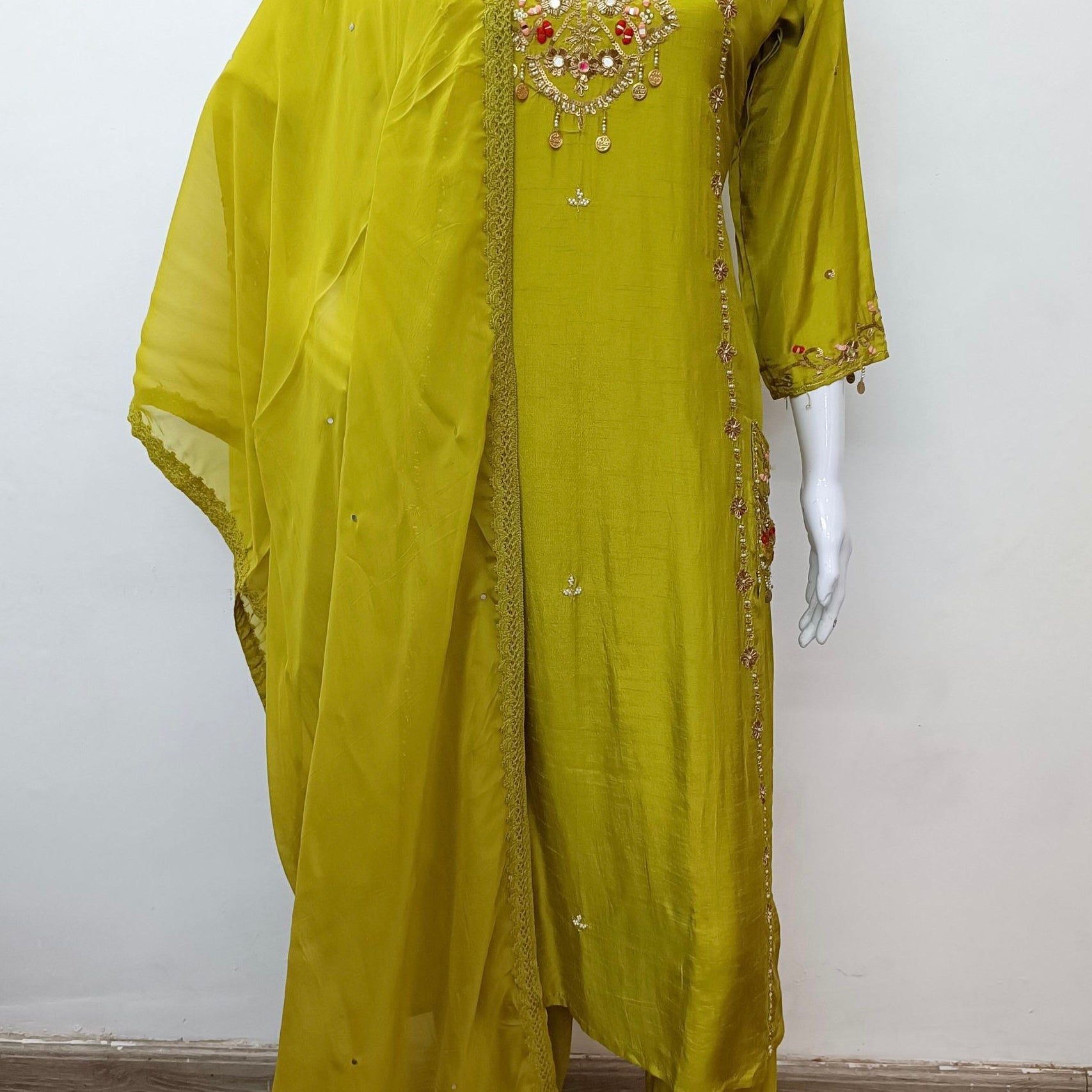 “Lime” Lime Green Dola Silk Heavy Handwork Suit Set