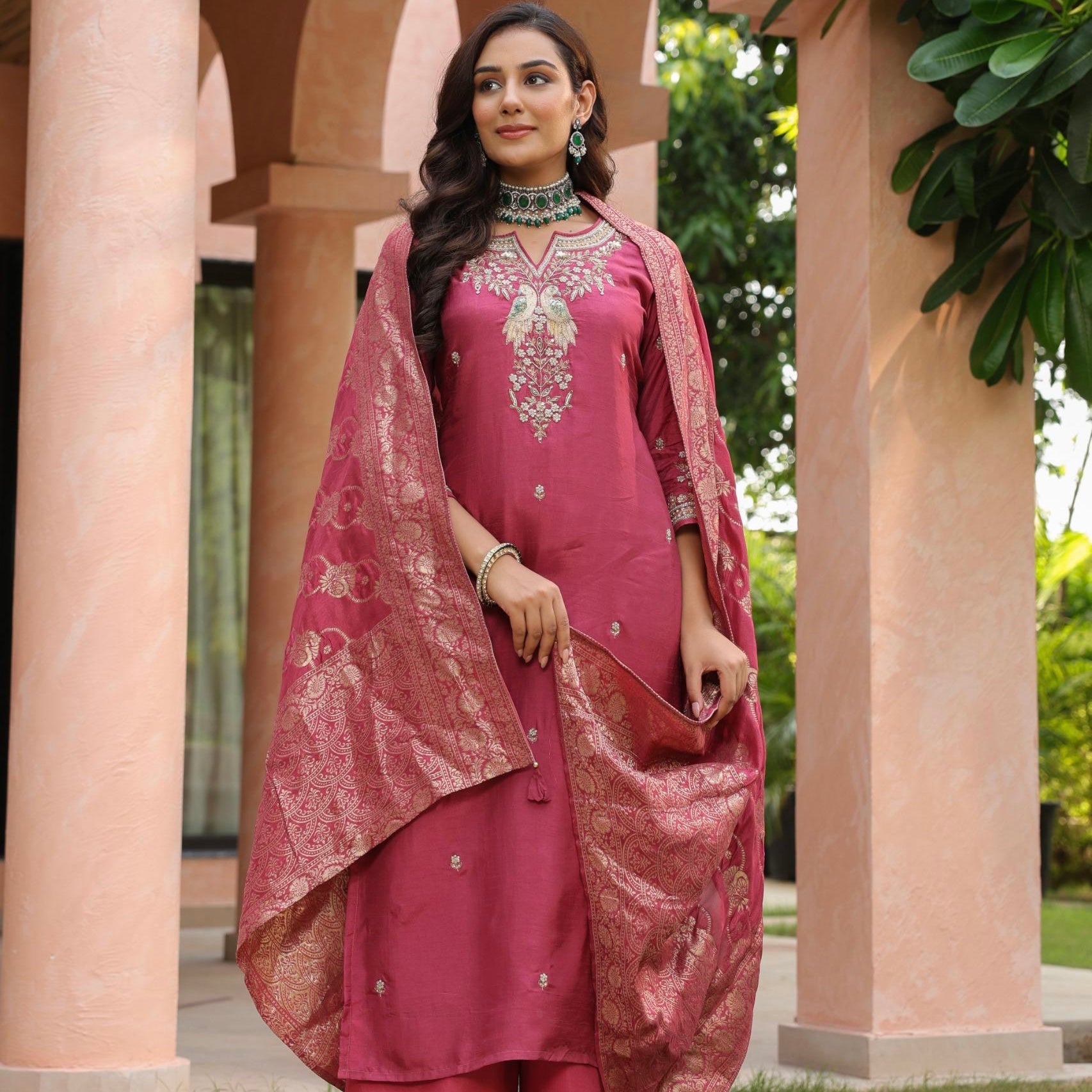 “Roses” Premium Wine Dola Silk handcrafted kurti bottom with Banarsi dupatta set