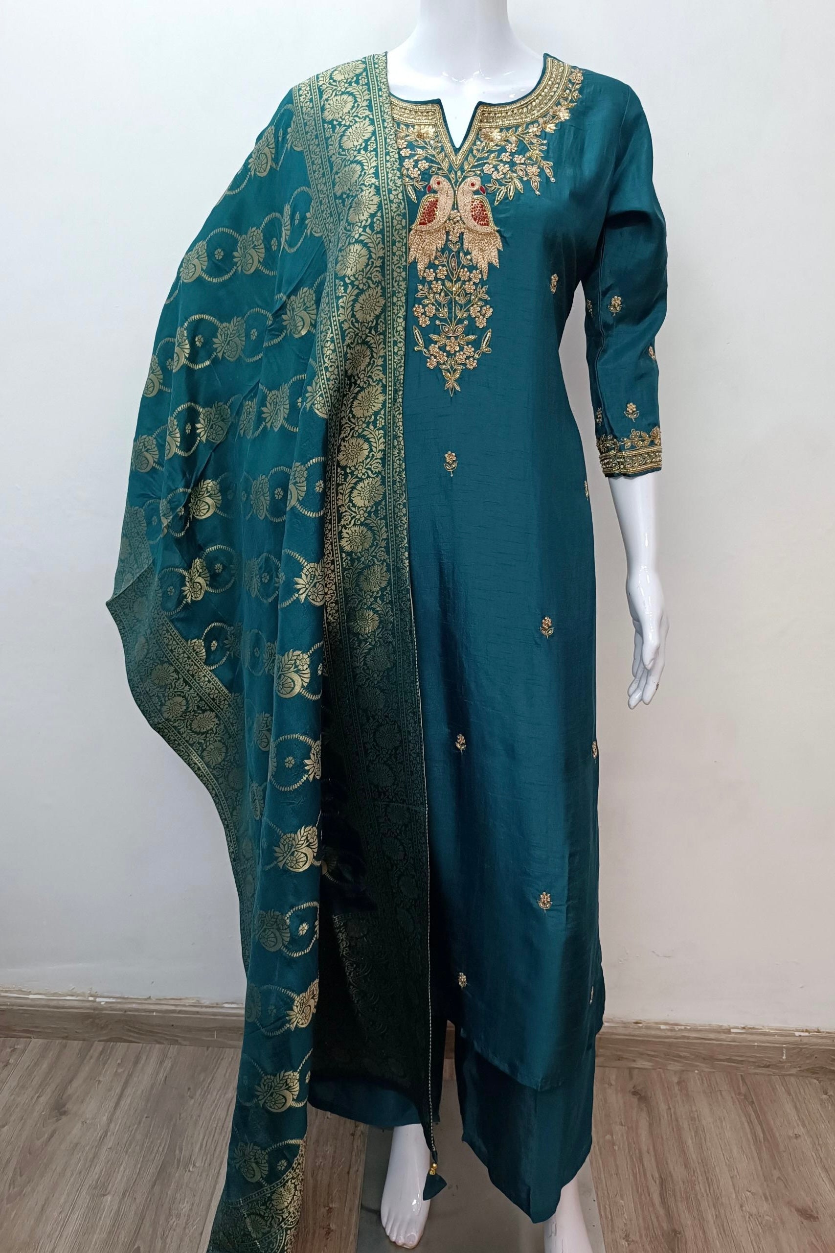 “Roses” Premium Wine Dola Silk handcrafted kurti bottom with Banarsi dupatta set
