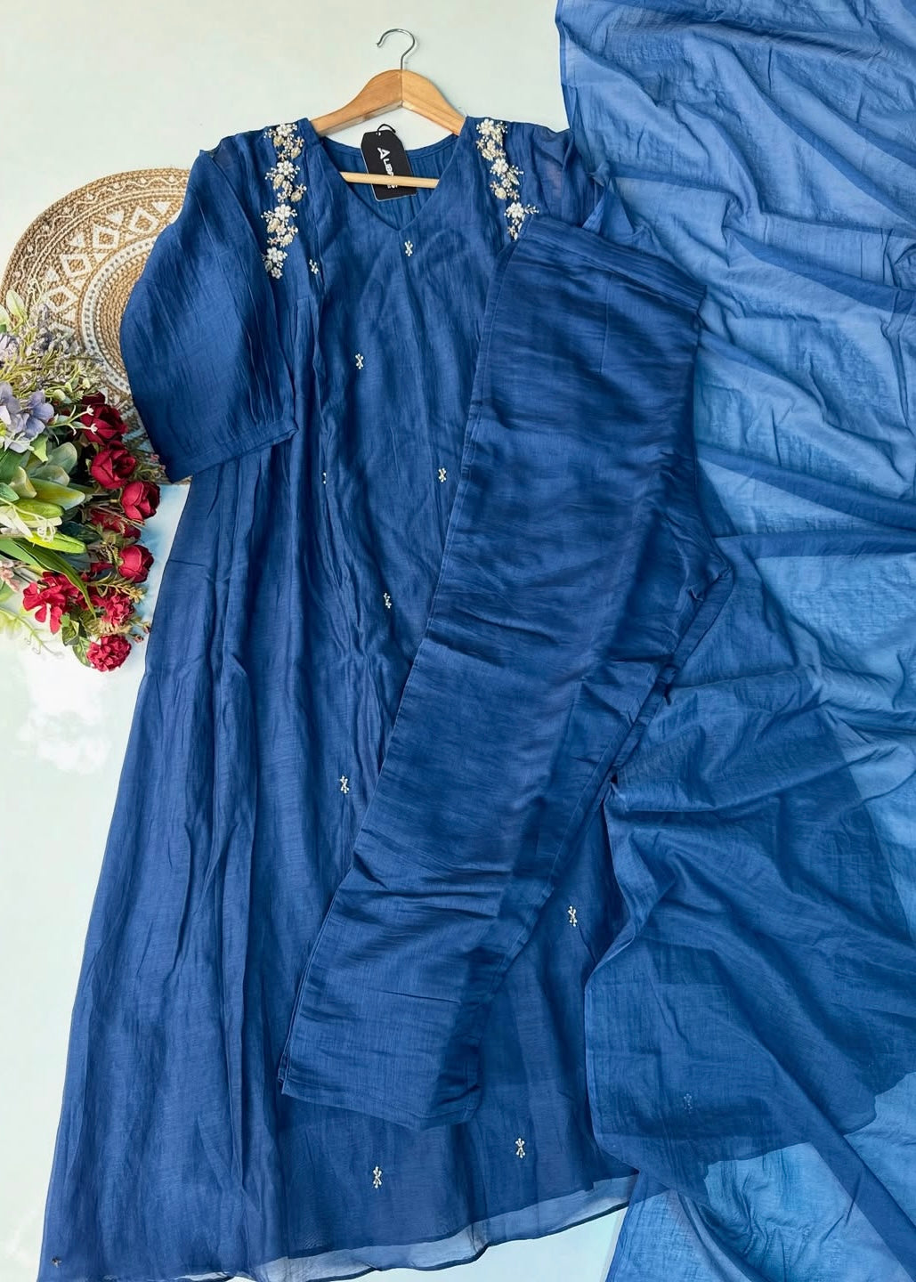 “Zayna” Premium Blue Mul Chanderi anarkali kurta set