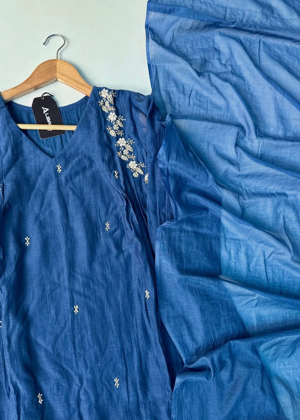 “Zayna” Premium Blue Mul Chanderi anarkali kurta set
