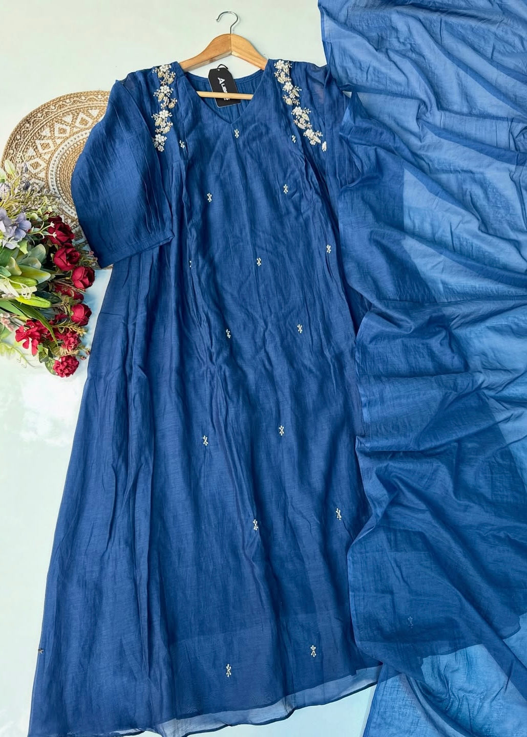 “Zayna” Premium Blue Mul Chanderi anarkali kurta set