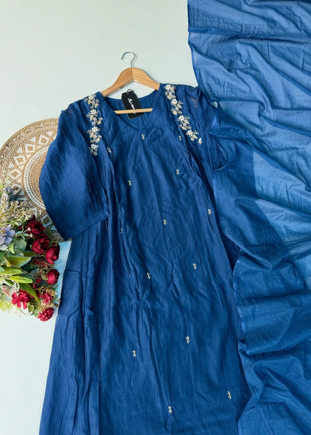 “Zayna” Premium Blue Mul Chanderi anarkali kurta set