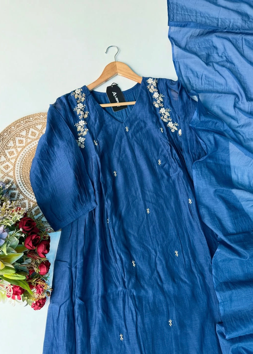 “Zayna” Premium Blue Mul Chanderi anarkali kurta set