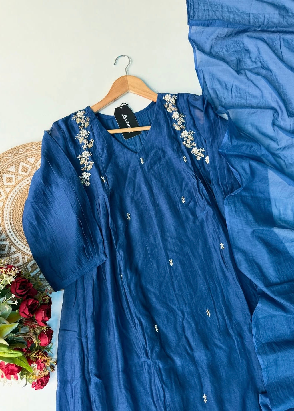 “Zayna” Premium Blue Mul Chanderi anarkali kurta set