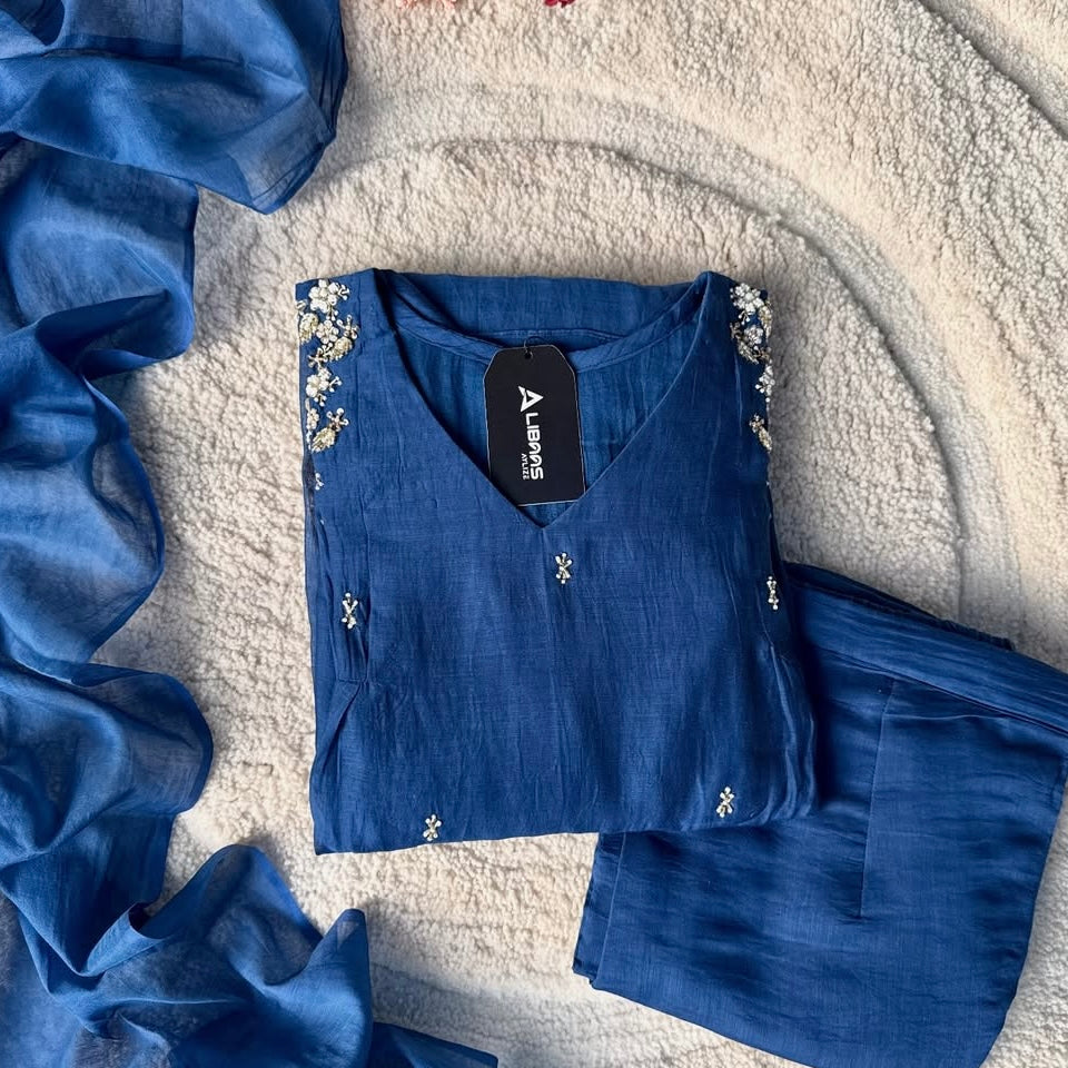 “Zayna” Premium Blue Mul Chanderi anarkali kurta set