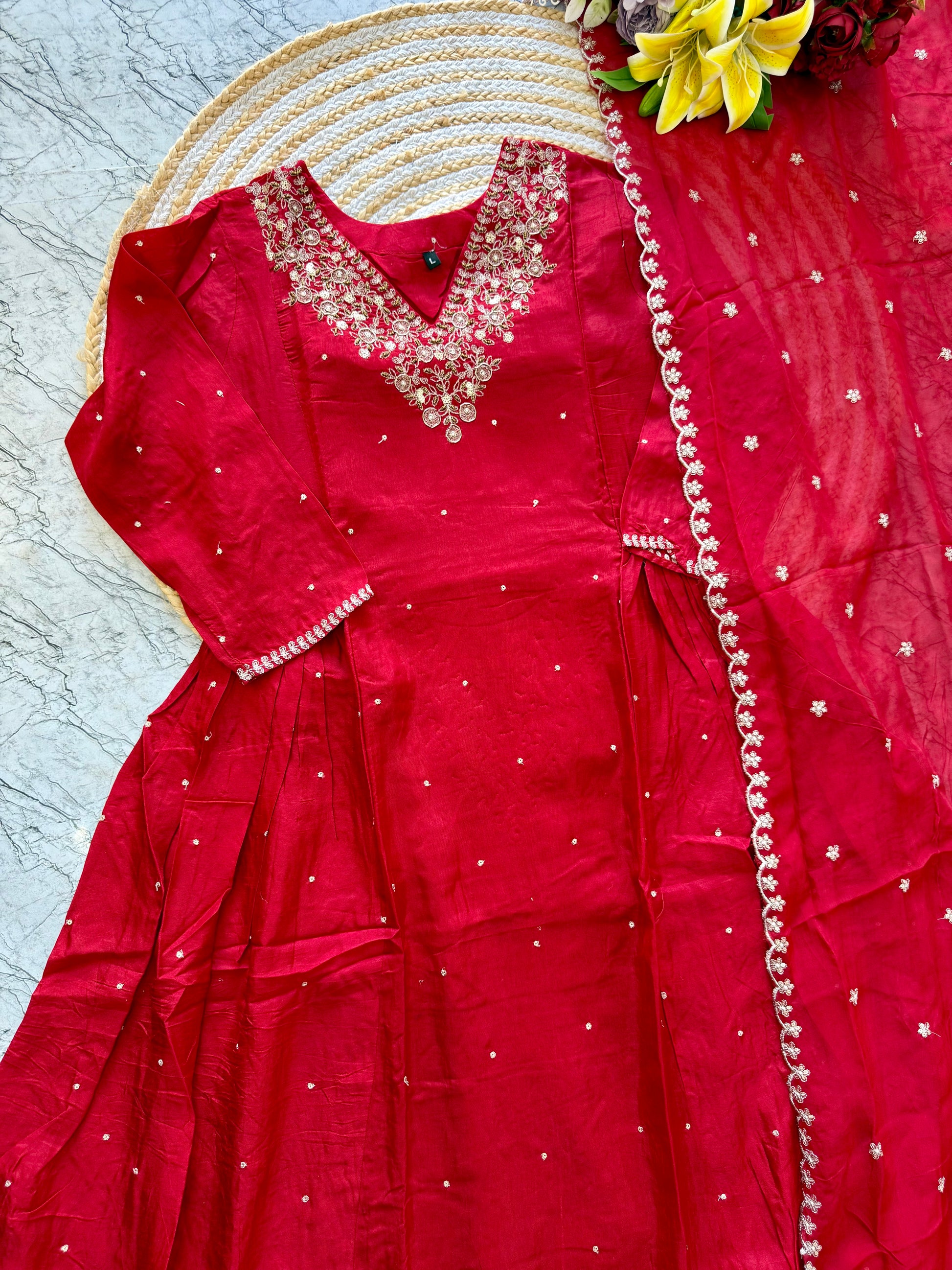 "Rahbar" Tissue silk handwork Anarkali with pants and organza dupatta