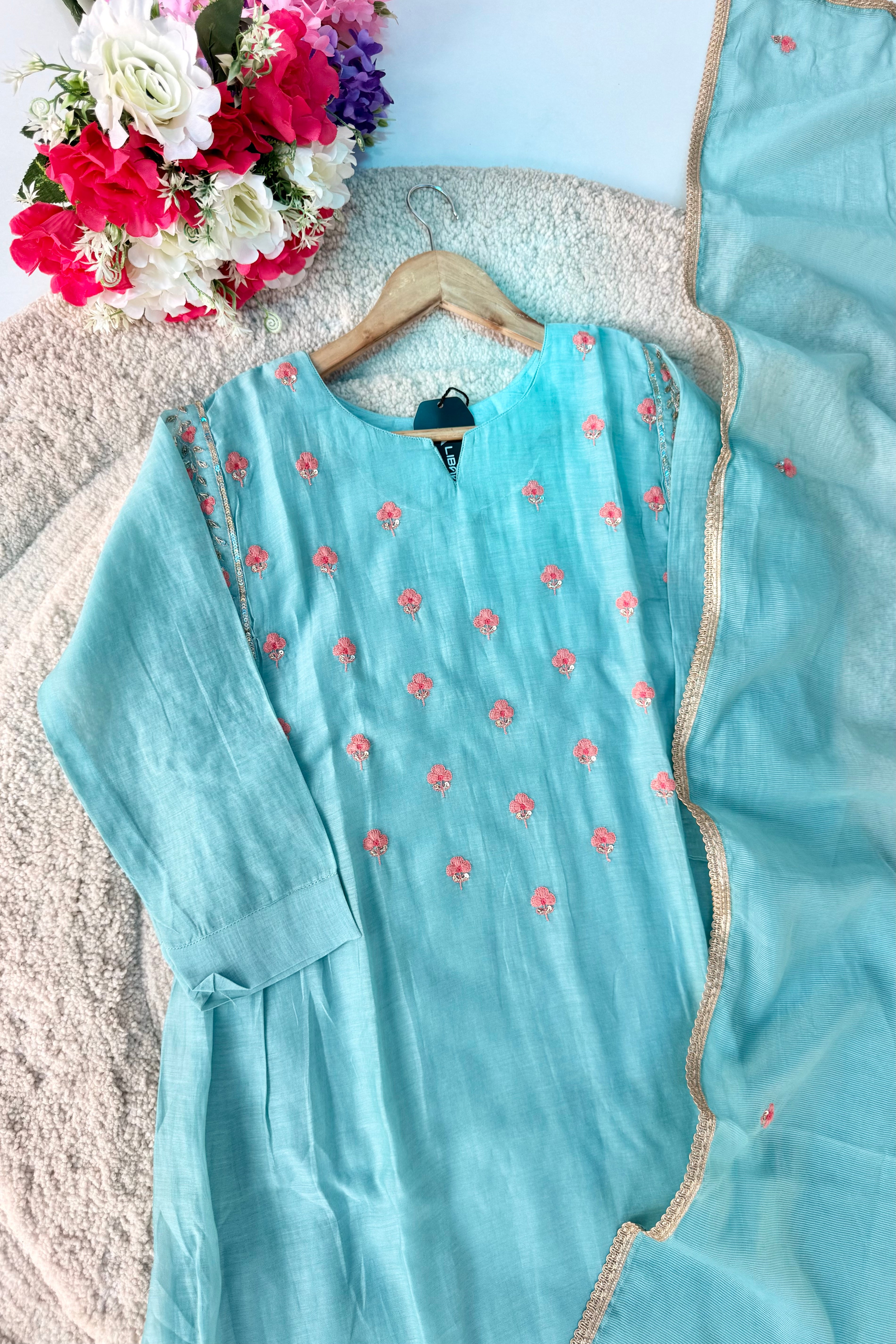 🛍️”Delilah – Premium Aqua Blue Mul Chanderi A Line Kurta Set