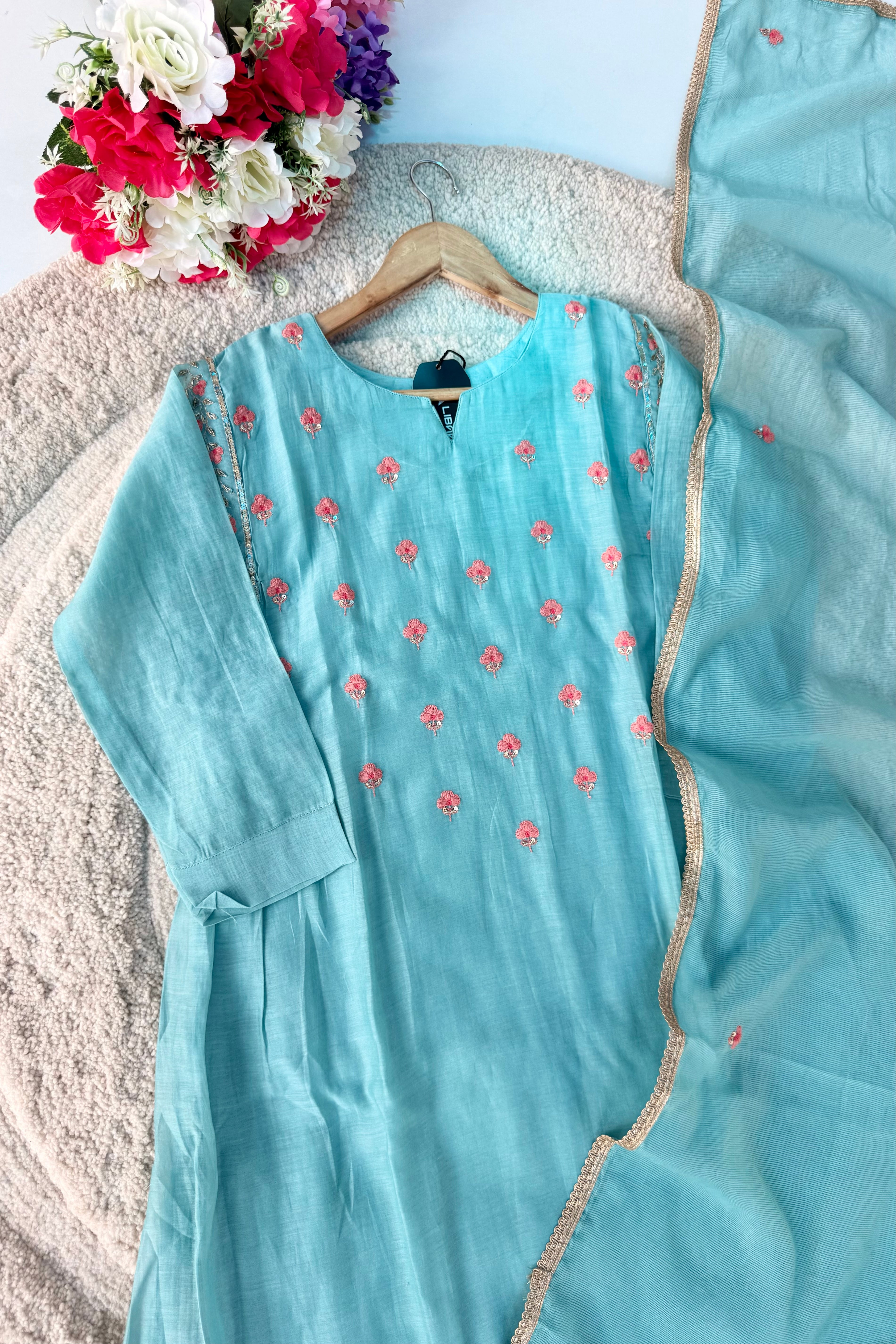 🛍️”Delilah – Premium Aqua Blue Mul Chanderi A Line Kurta Set