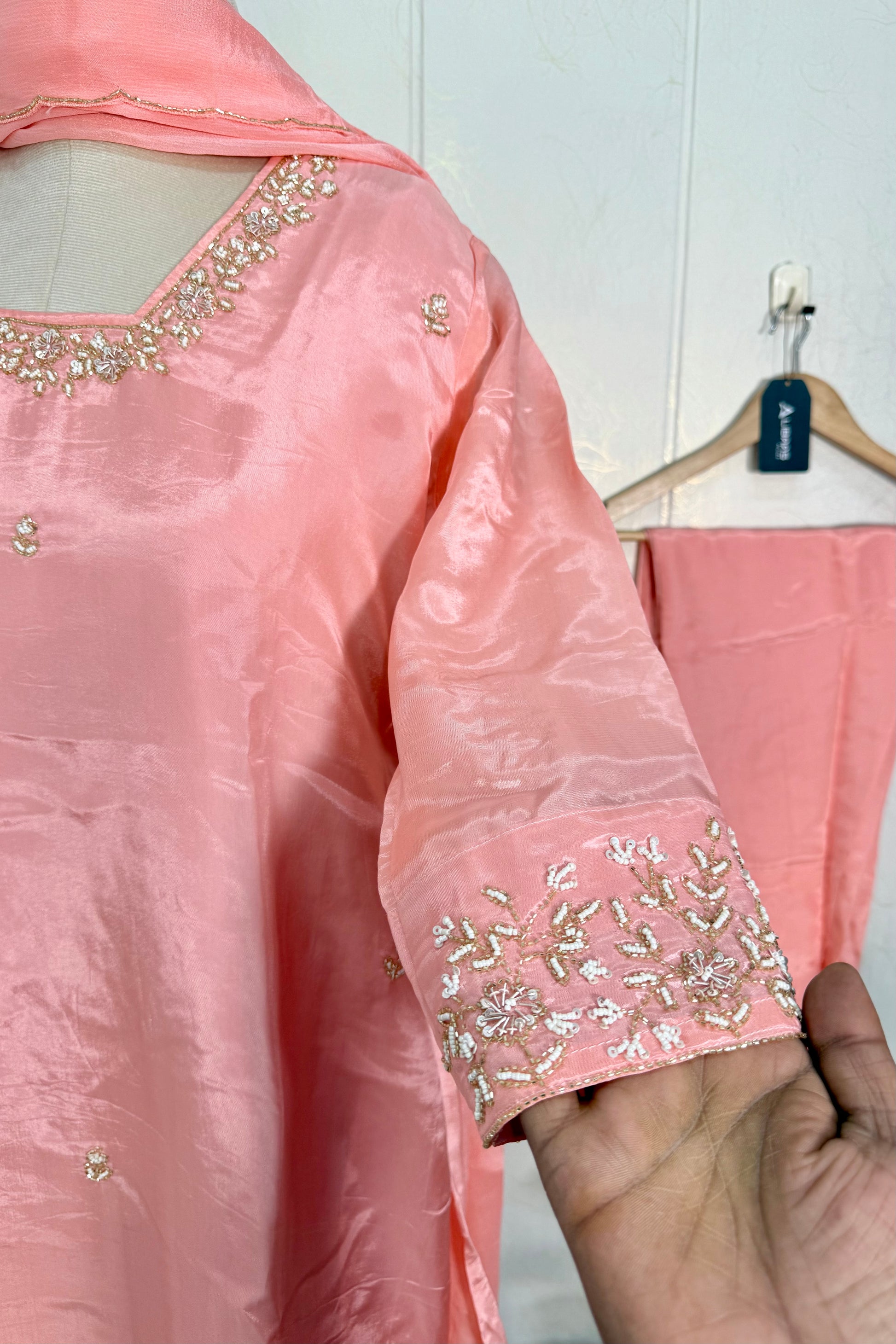 “Inayat” Premium Chinnon handcrafted A- Line  kurta set