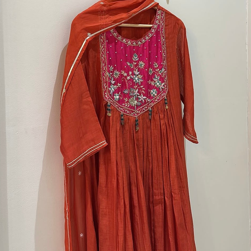 “Deep” Premium Rust Orange Mul Chanderi Anarkali Kurta Set