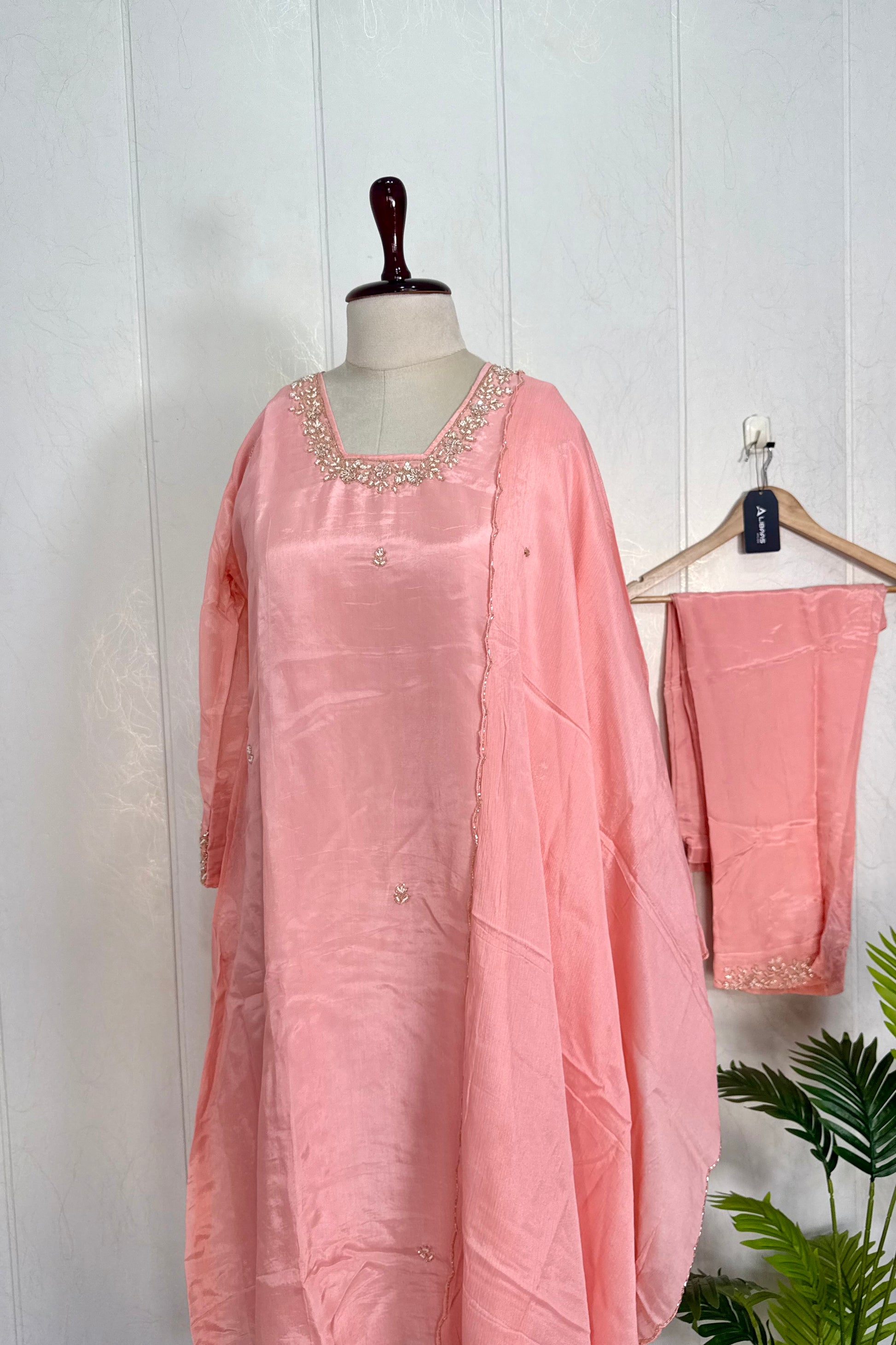 “Inayat” Premium Chinnon handcrafted A- Line  kurta set