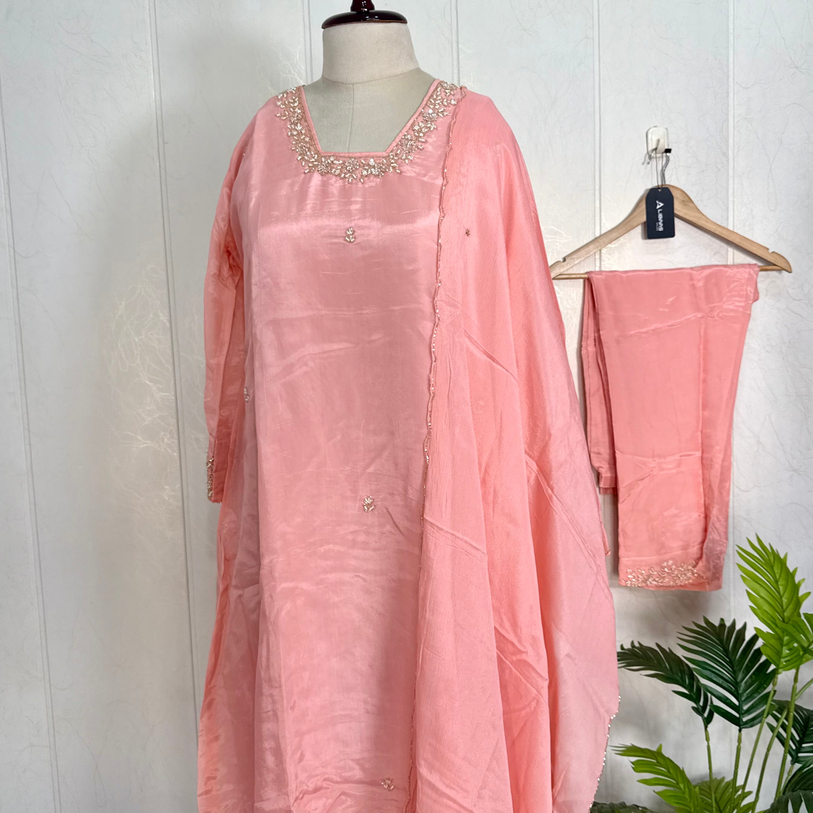 “Inayat” Premium Chinnon handcrafted A- Line  kurta set