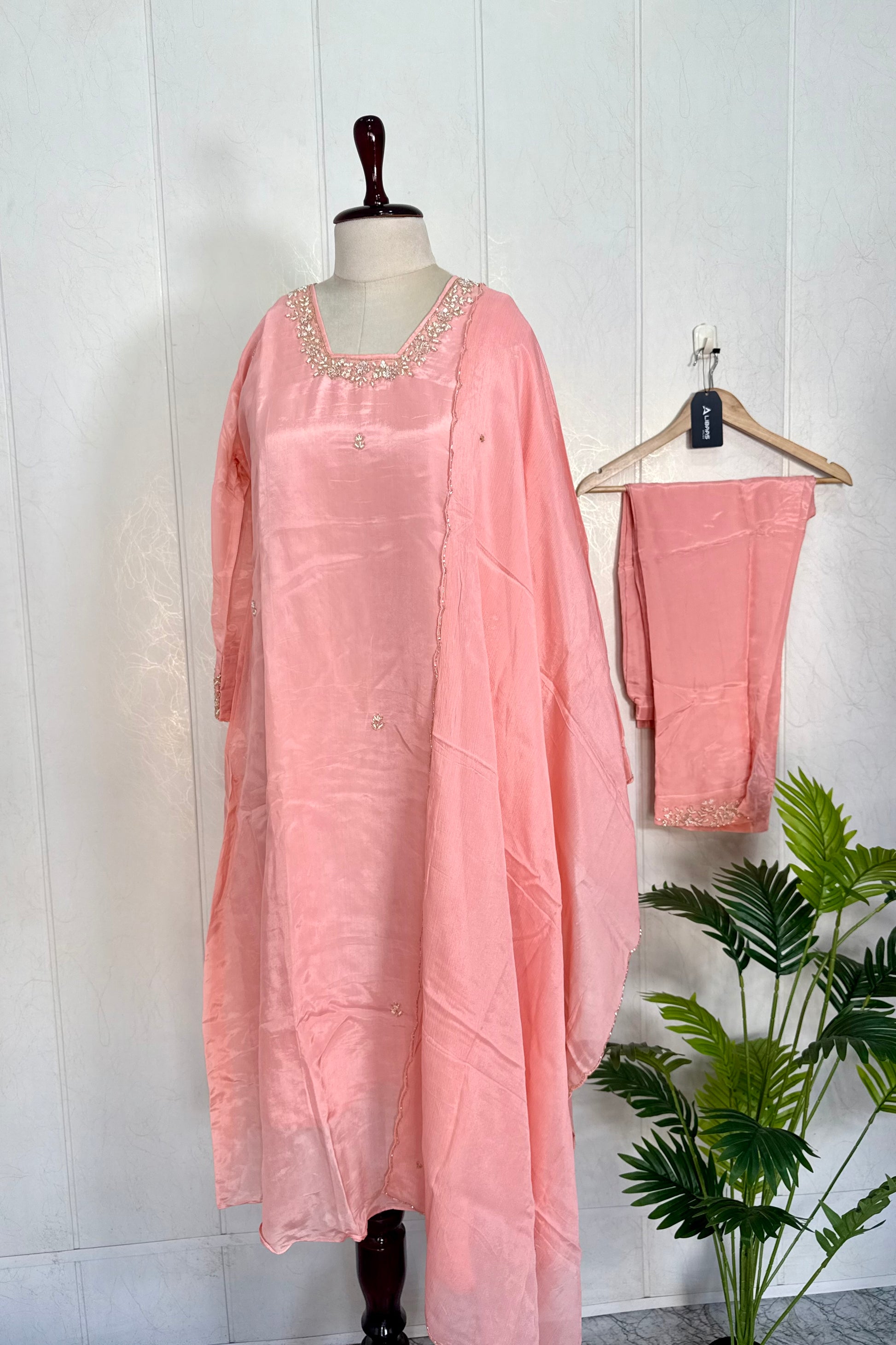 “Inayat” Premium Chinnon handcrafted A- Line  kurta set