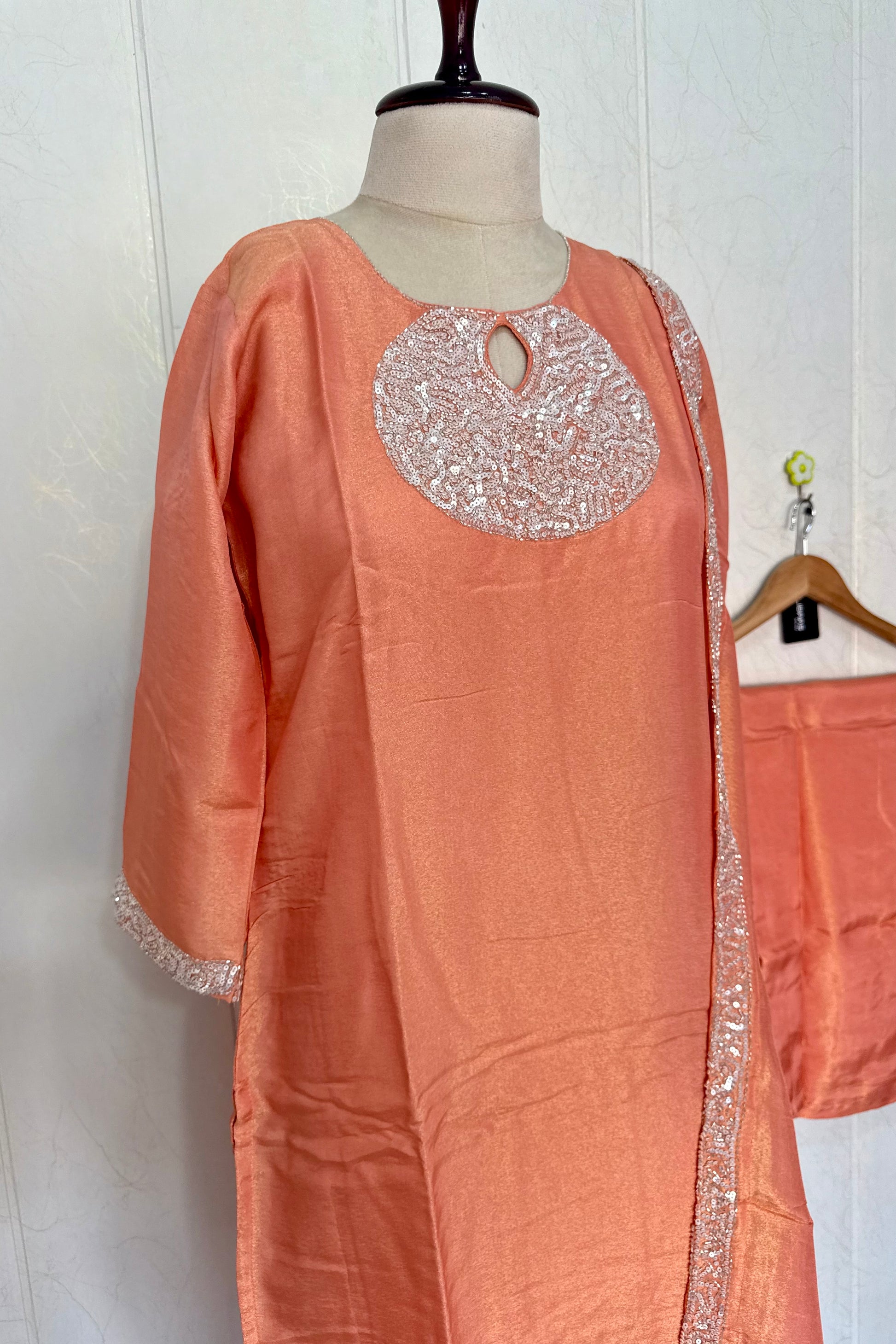 “SHINE” Beautiful Peach with gold tone shimmer tissue kurta set